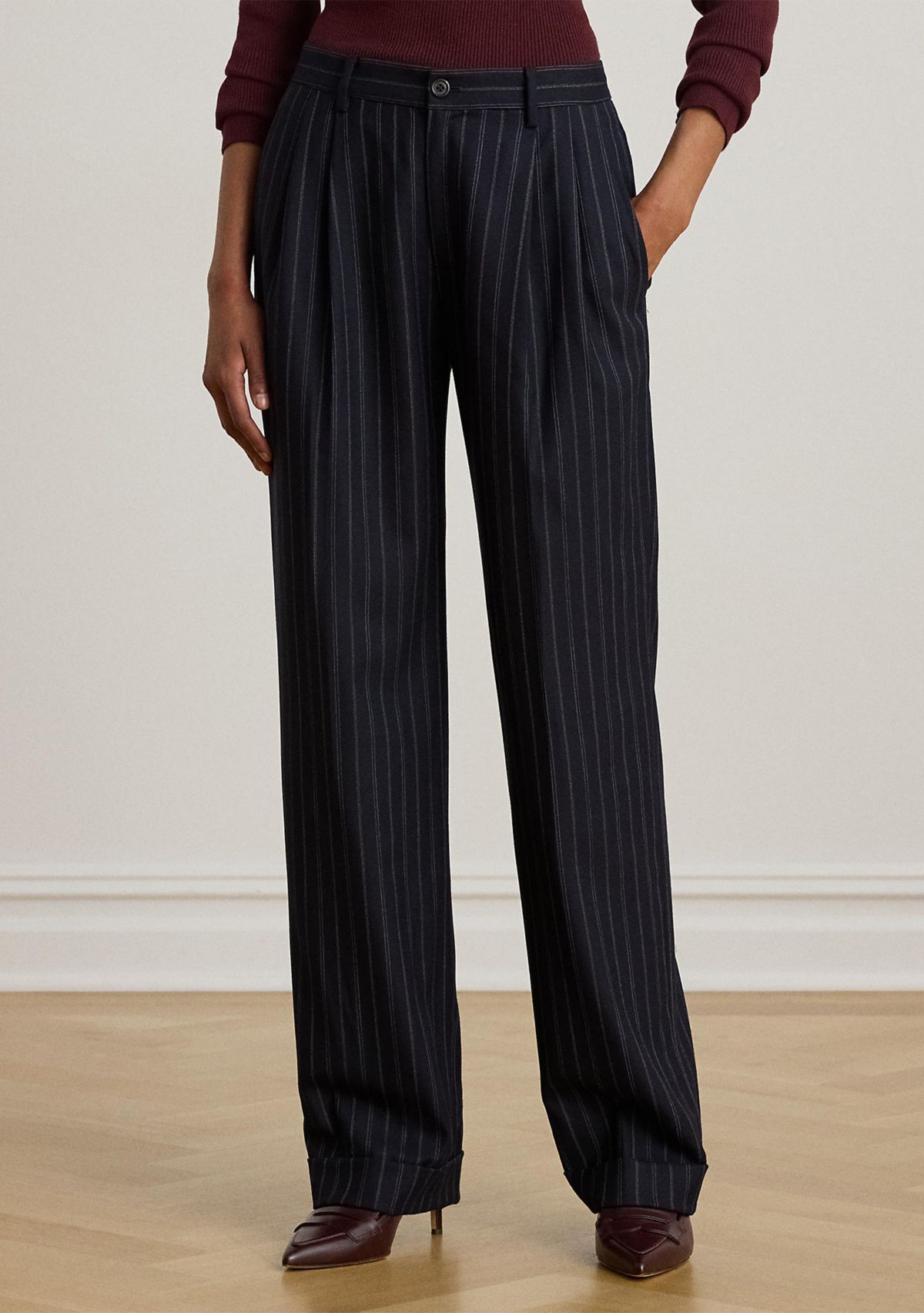 Womens Striped Pleated Wool-Blend Twill Pants