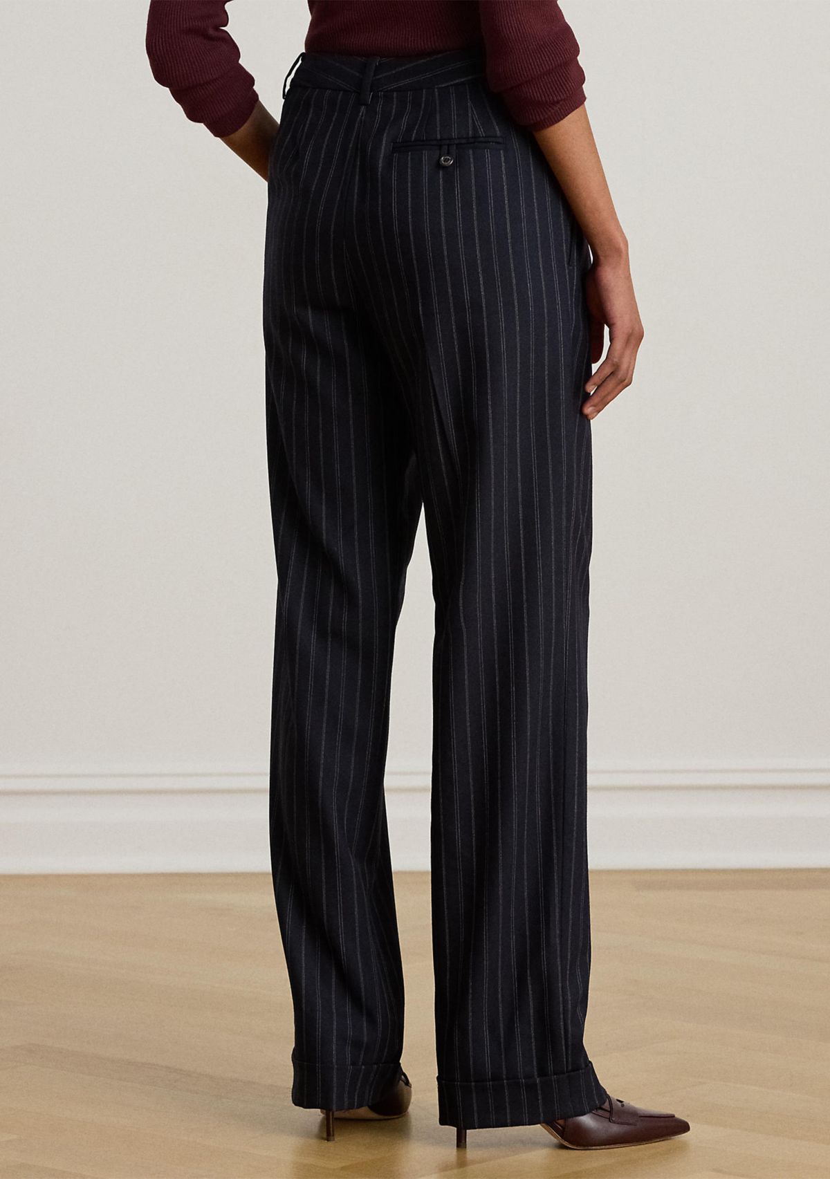 Womens Striped Pleated Wool-Blend Twill Pants