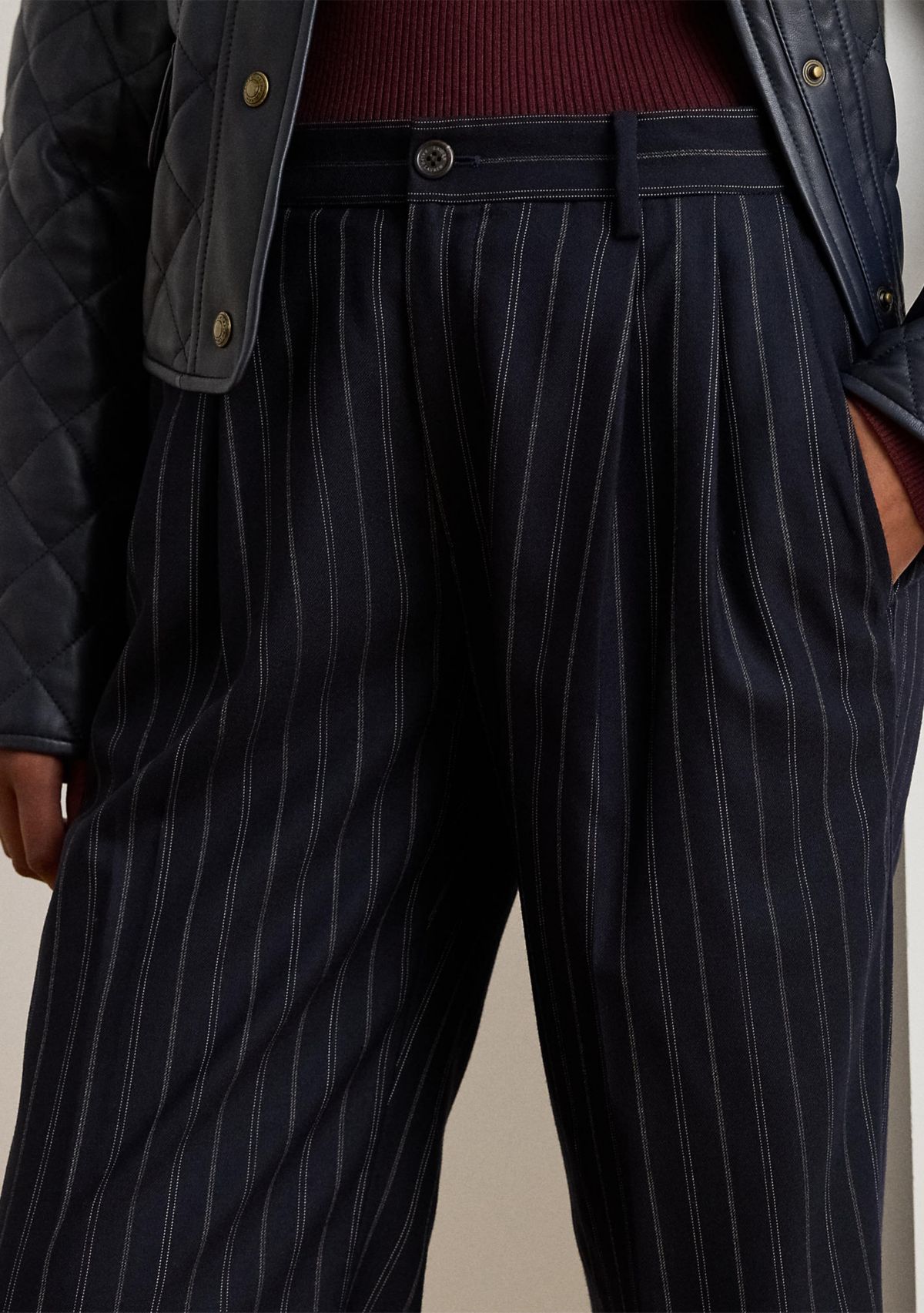 Womens Striped Pleated Wool-Blend Twill Pants