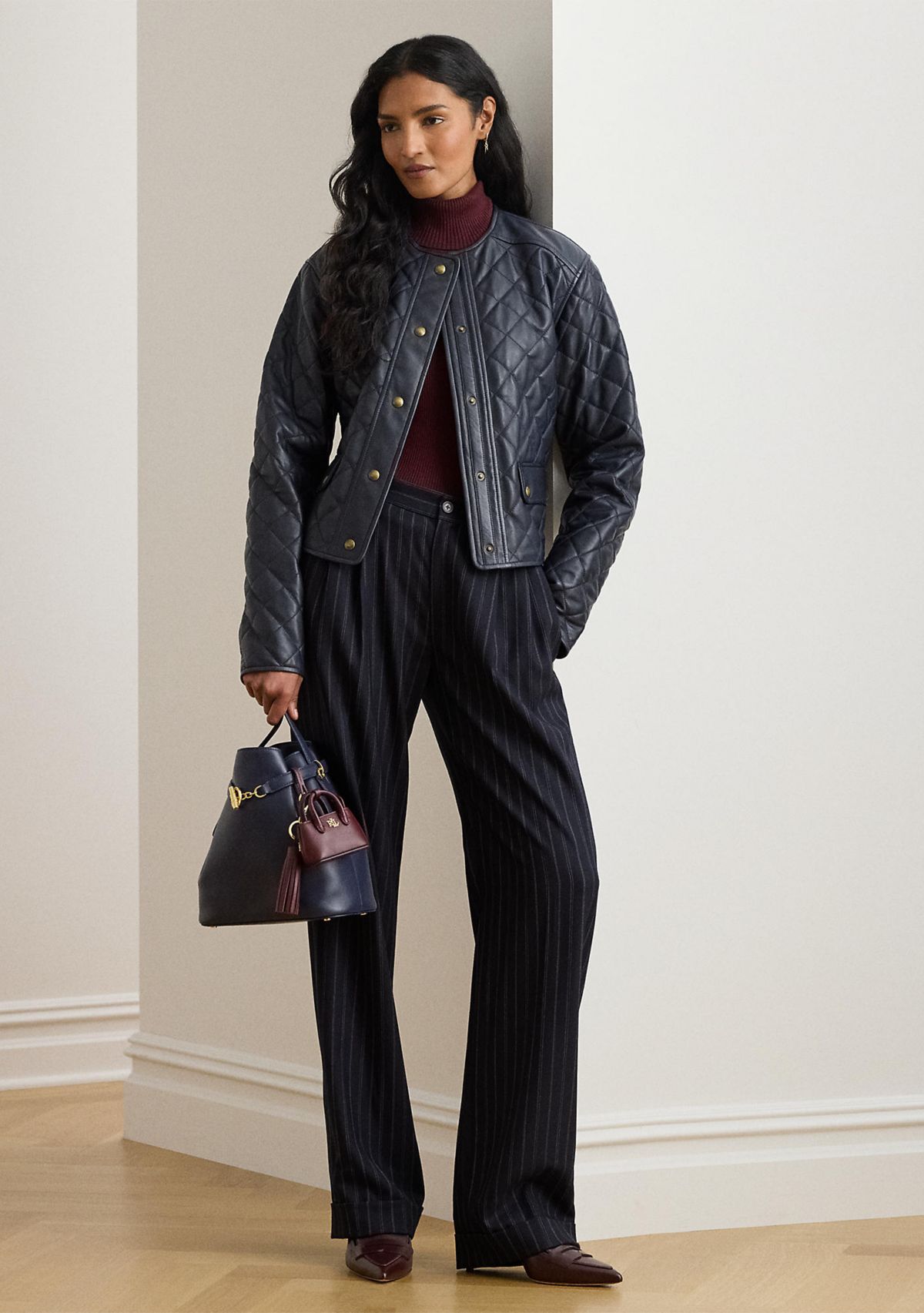 Womens Striped Pleated Wool-Blend Twill Pants