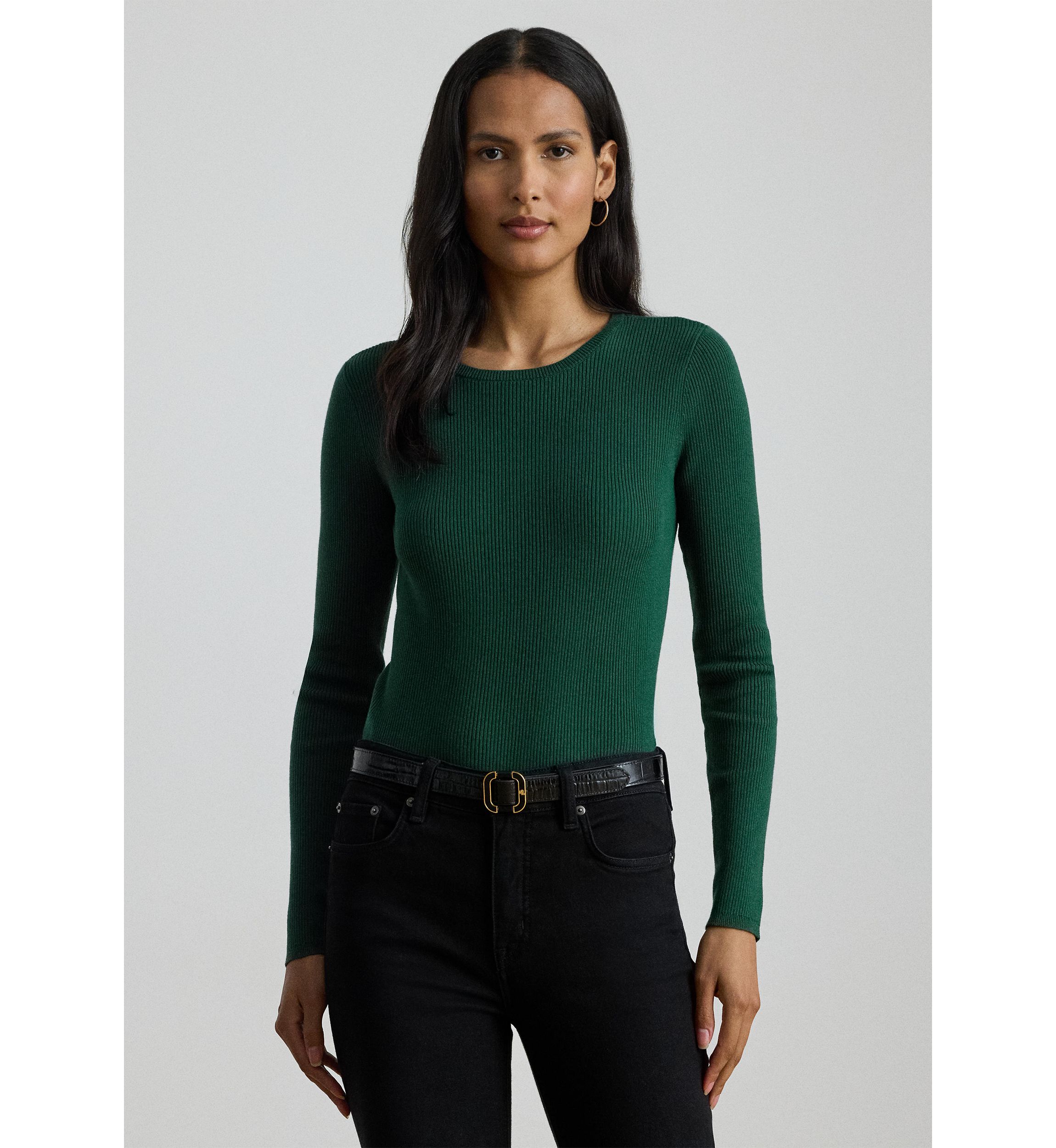 Womens Rib-Knit Cotton-Blend Crewneck Sweater