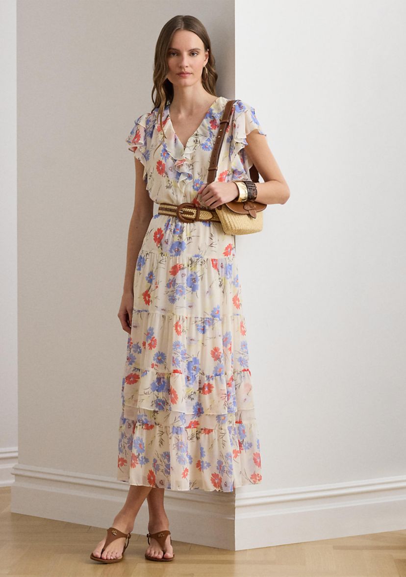 Ralph Lauren Floral Belted Georgette Tiered Dress - Cream Multi