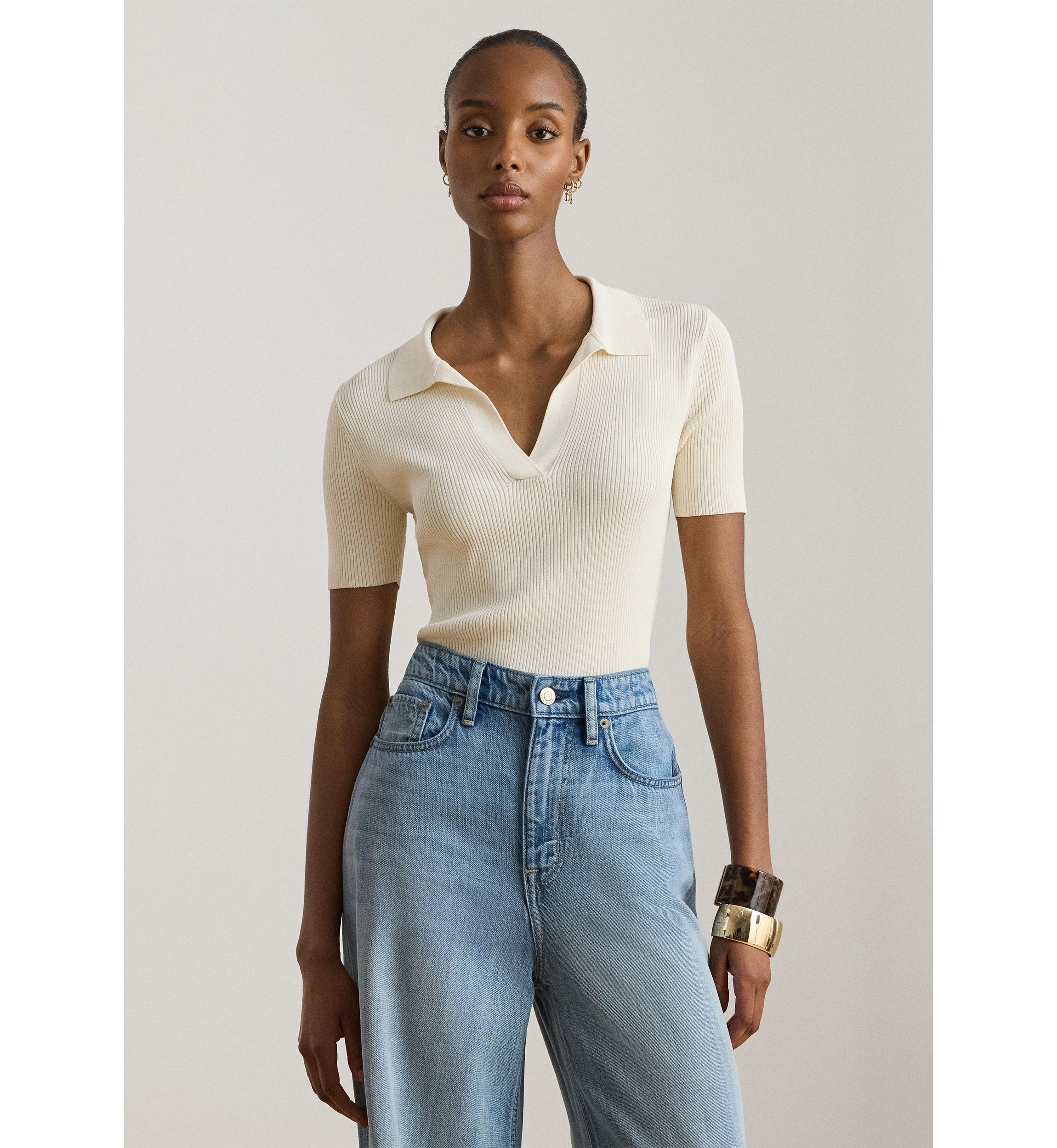 Lauren Ralph Lauren Women's Rib-Knit Short-Sleeve Polo Sweater | Belk