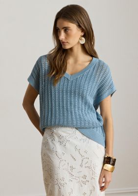 Lauren Ralph Lauren Women's Cotton-Blend Mesh Short-Sleeve Sweater, Blue, Large