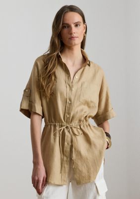 Lauren Ralph Lauren Women's Linen Roll-Tab Sleeve Tunic, Tan, XL