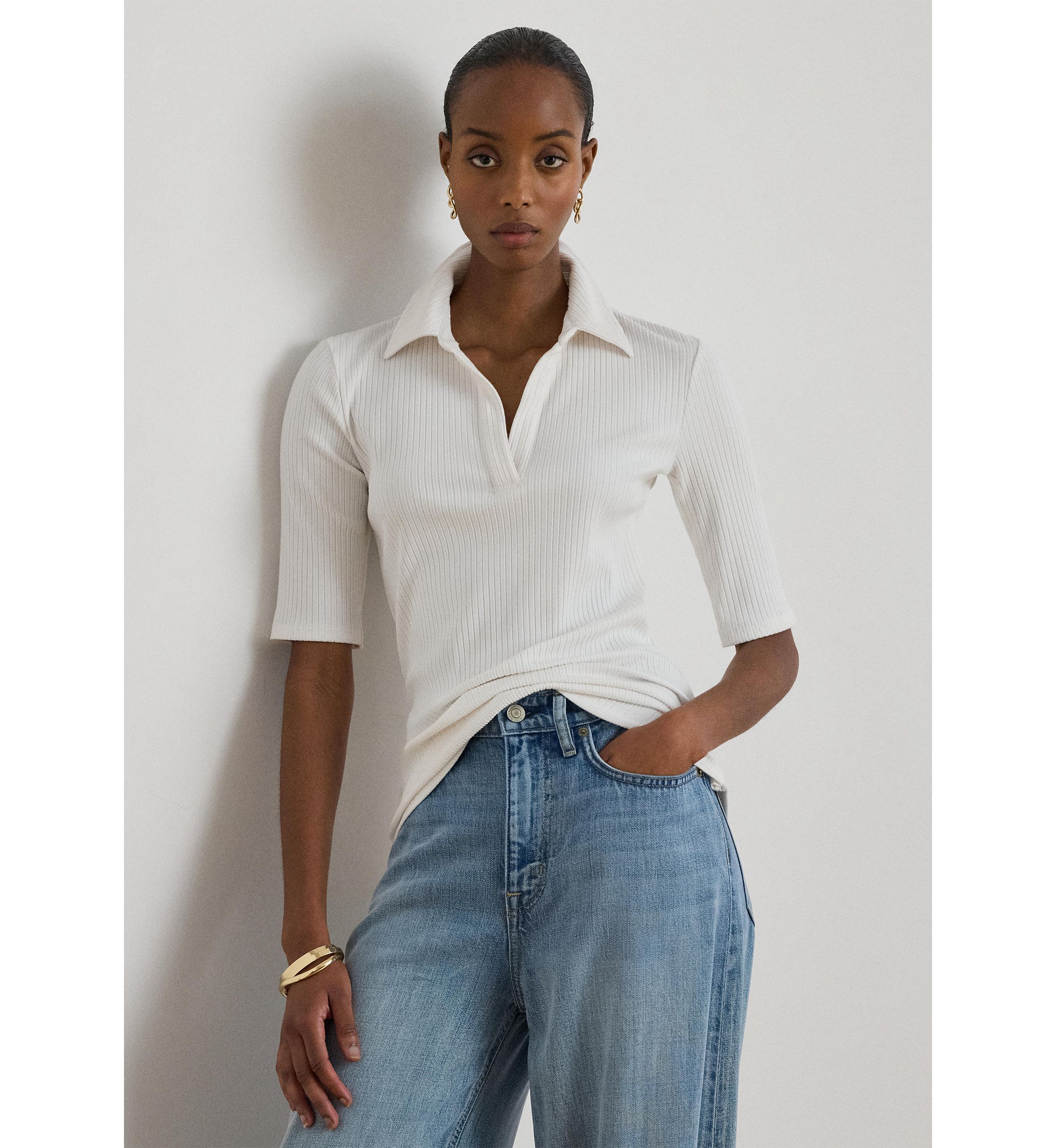 Lauren Ralph Lauren Women's Rib-Knit Elbow-Sleeve Polo T-Shirt
