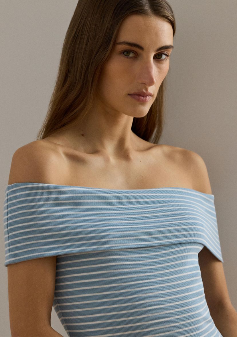 stripe one shoulder asymmetric hem midi dress lauren ralph lauren Women's Striped Off-the-Shoulder Mid Chest Neckline orderediting Gold & Blush Floral Color:Rose gold