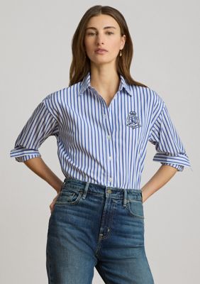Lauren Ralph Lauren Women's Relaxed Fit Striped Broadcloth Shirt, Blue, XL