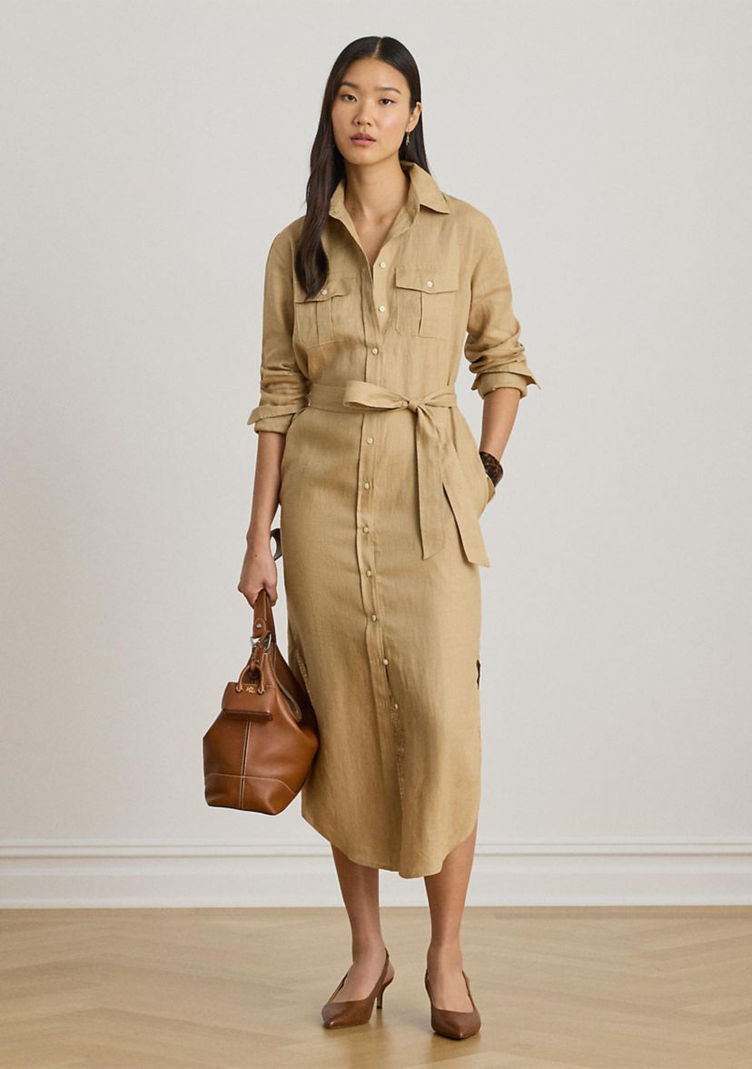 ralph lauren belted linen dress Lauren Ralph Lauren Belted Linen Midi Shirtdress