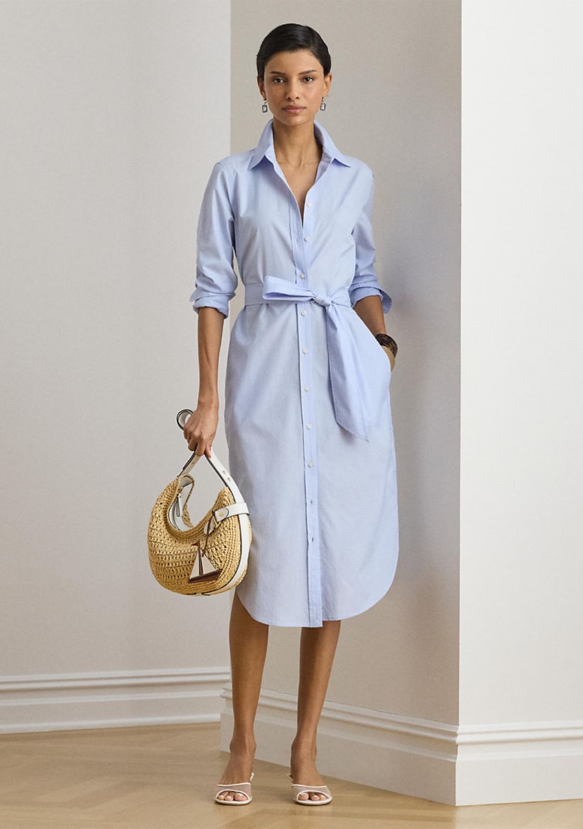 Lauren Ralph Lauren End-on-End Cotton Shirtdress Women's Dress Light Sky Blue : 10