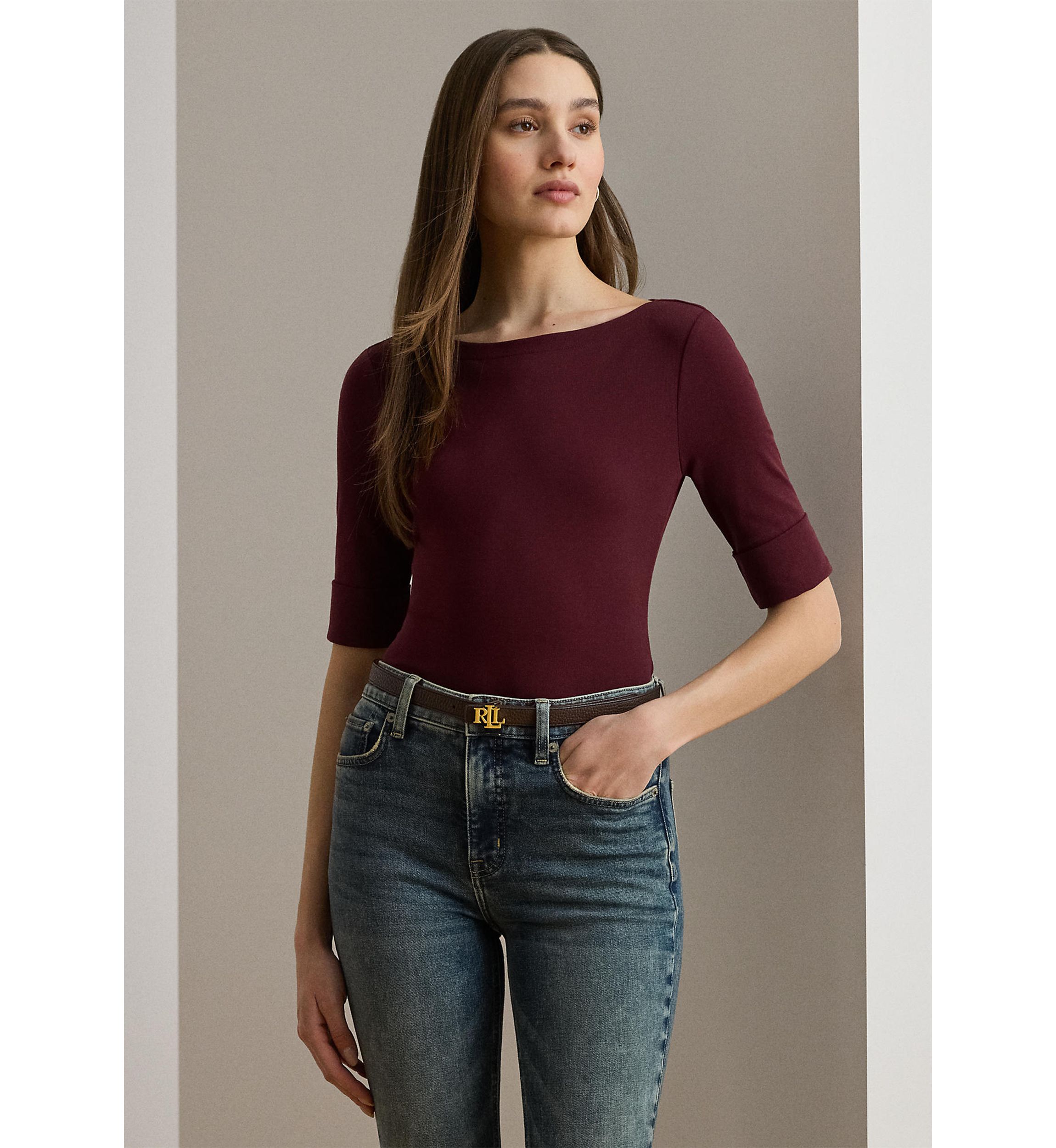 Petite Stretch Cotton Boatneck Tee