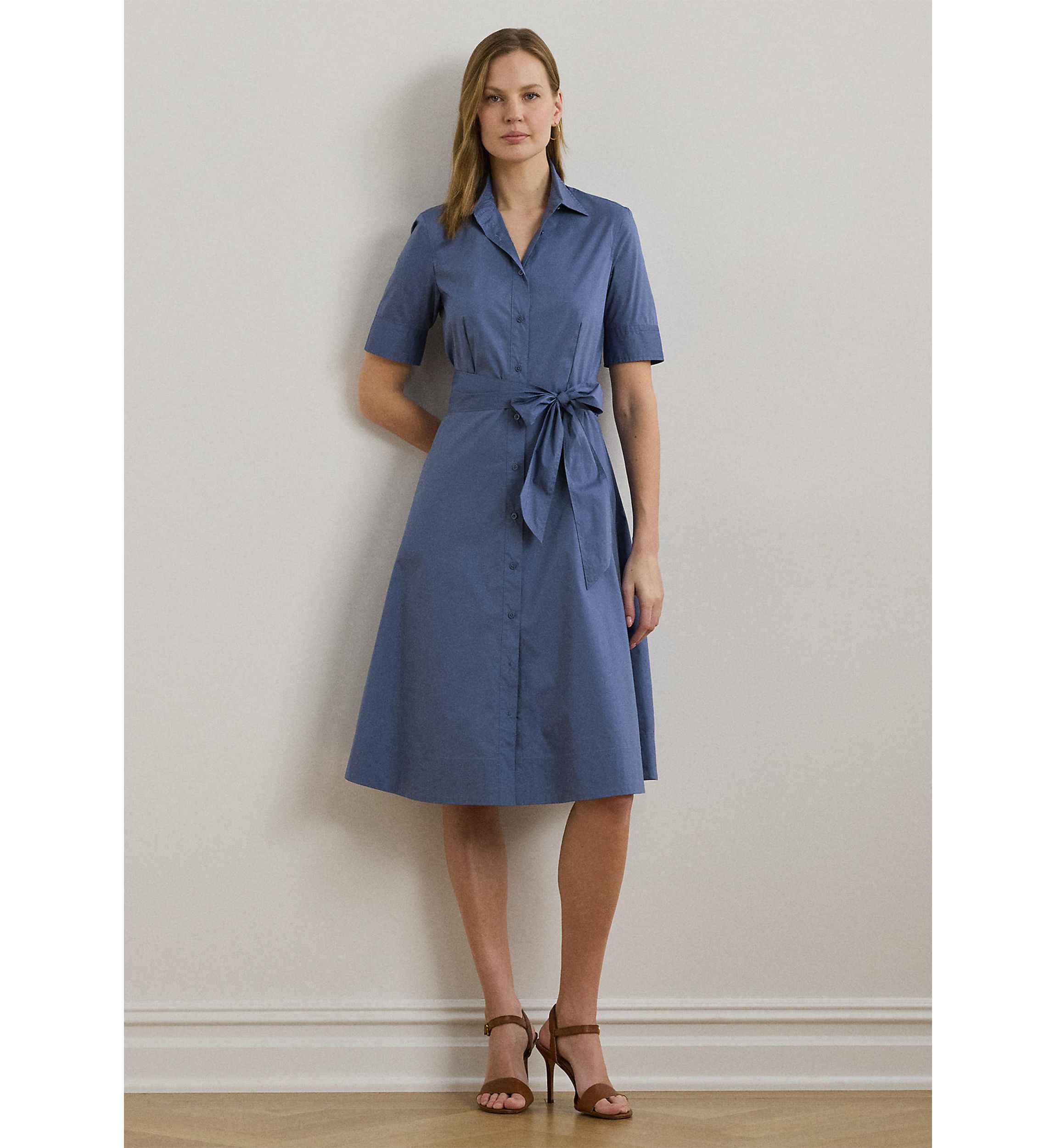 Petite Belted Cotton Blend Shirtdress