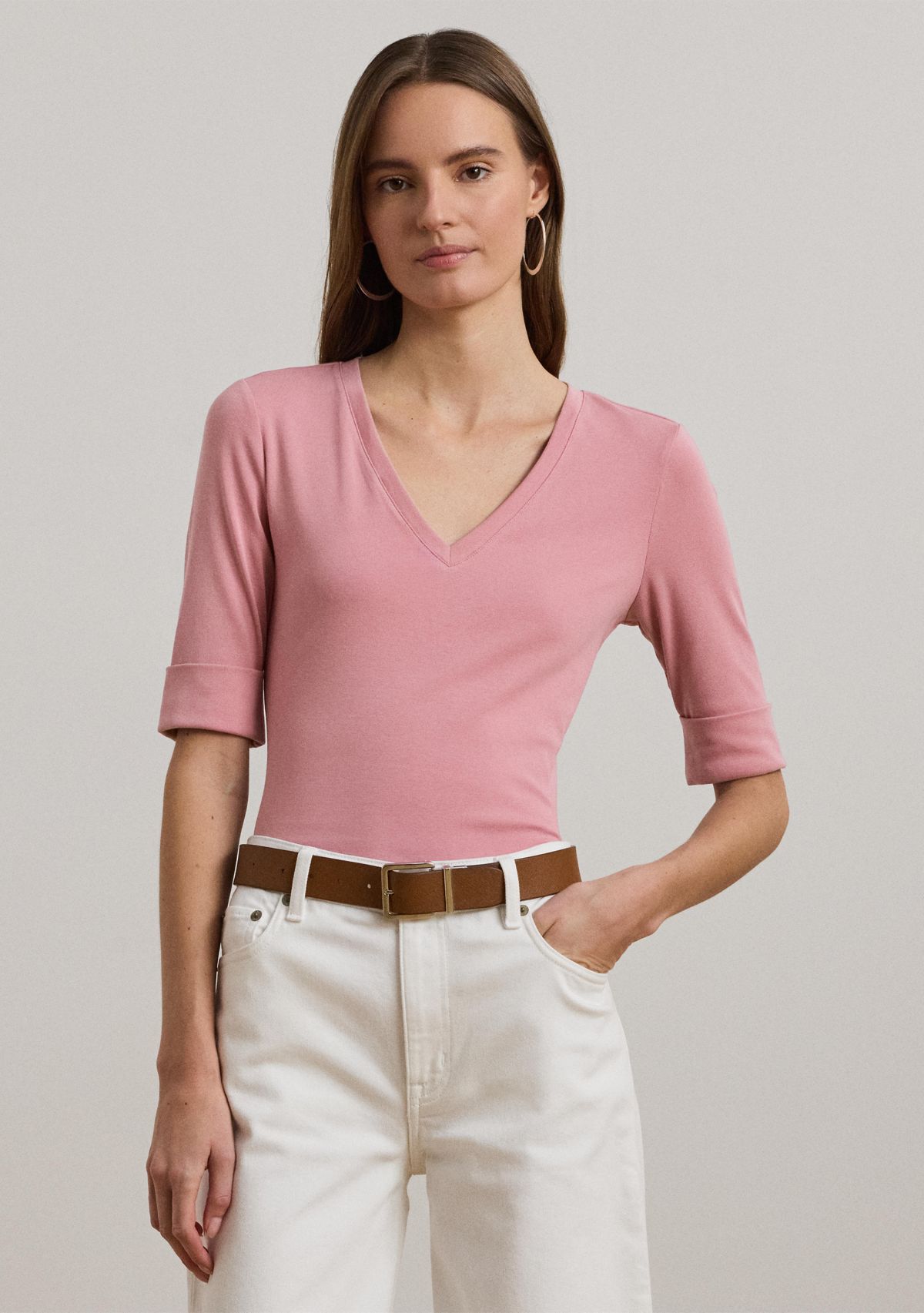 Petites Stretch Cotton Elbow Sleeve V-Neck T-Shirt