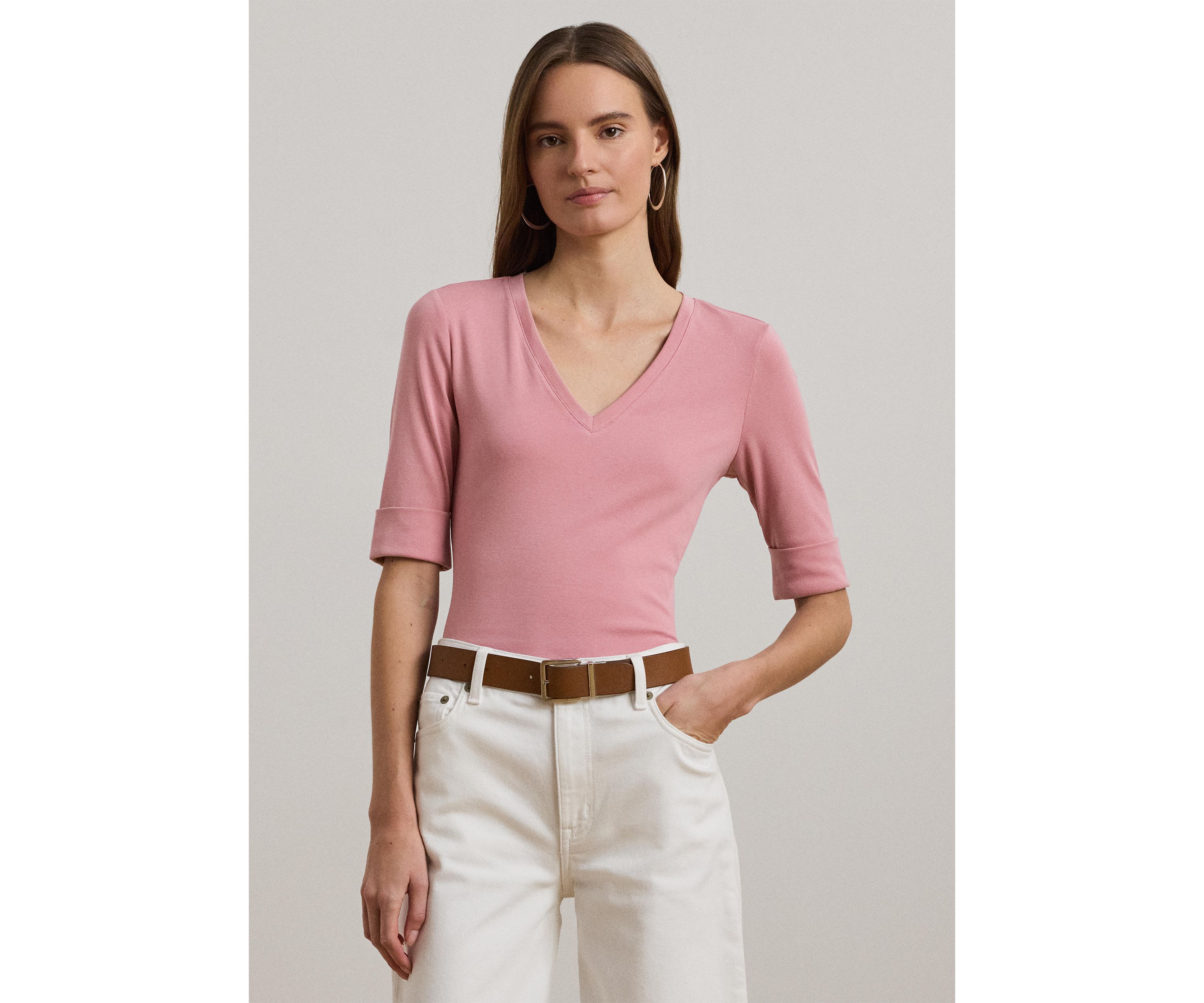 Petites Stretch Cotton Elbow Sleeve V-Neck T-Shirt