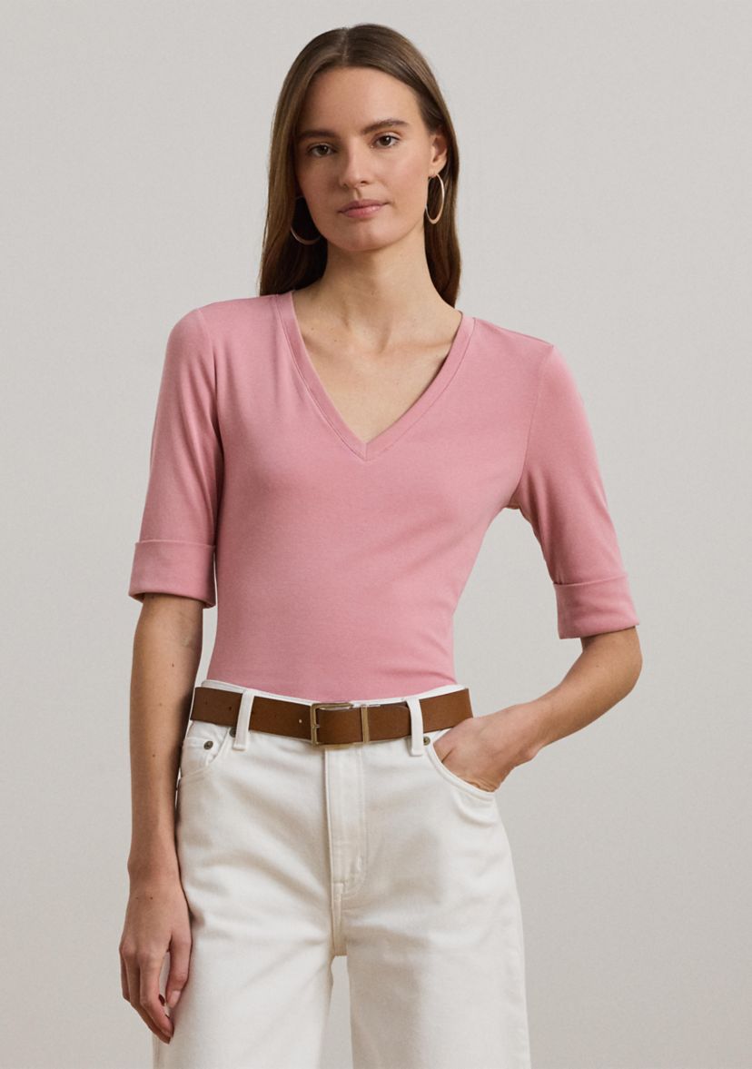 Petites Stretch Cotton Elbow Sleeve V-Neck T-Shirt
