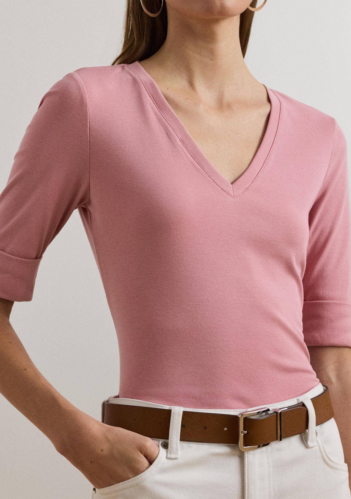 Petites Stretch Cotton Elbow Sleeve V-Neck T-Shirt