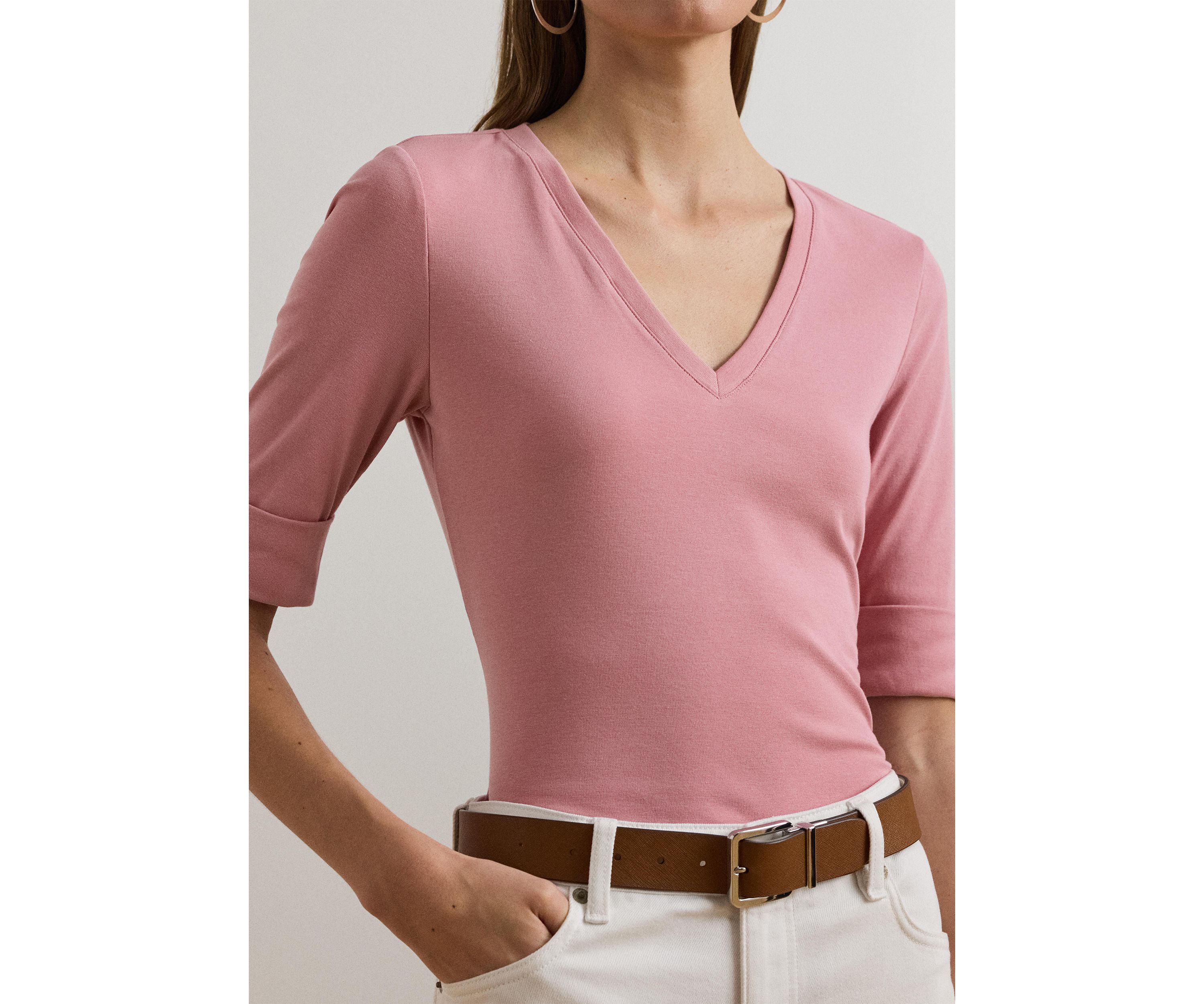 Petites Stretch Cotton Elbow Sleeve V-Neck T-Shirt