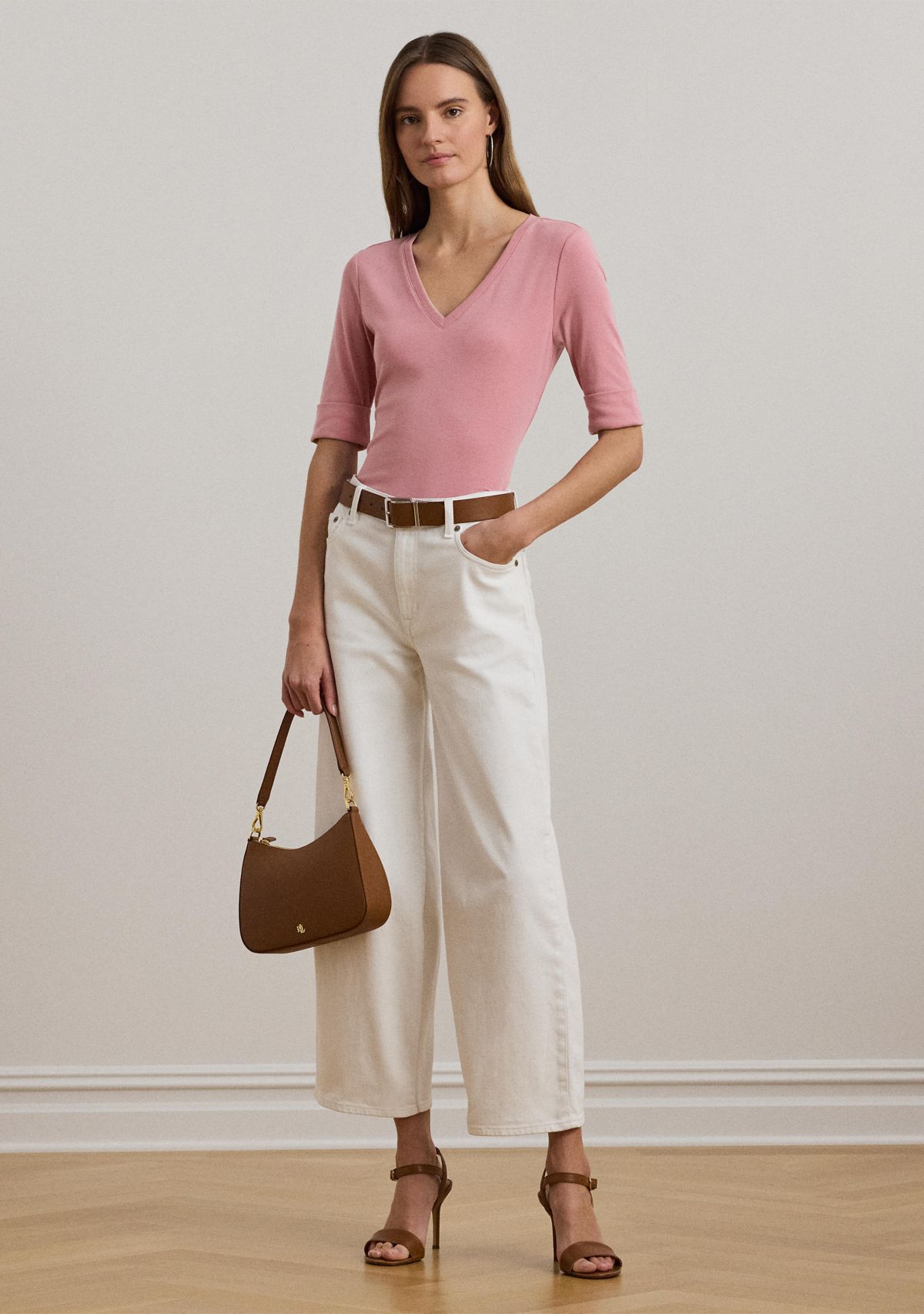 Petites Stretch Cotton Elbow Sleeve V-Neck T-Shirt