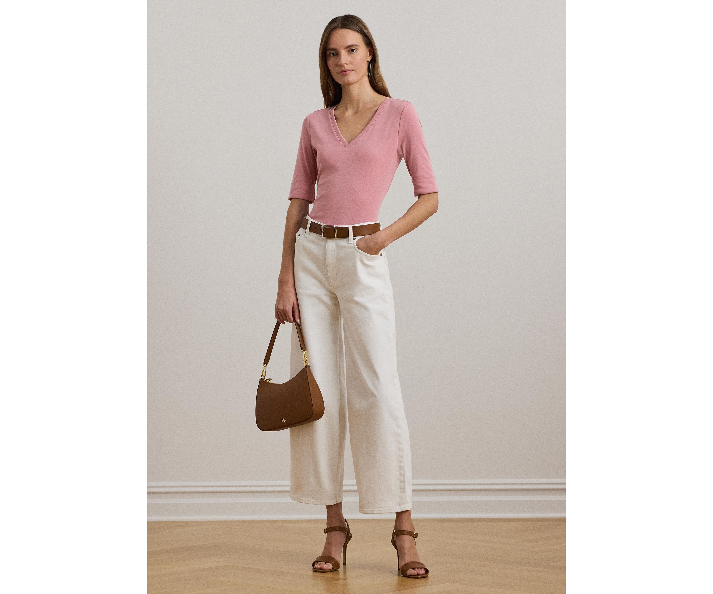 Petites Stretch Cotton Elbow Sleeve V-Neck T-Shirt