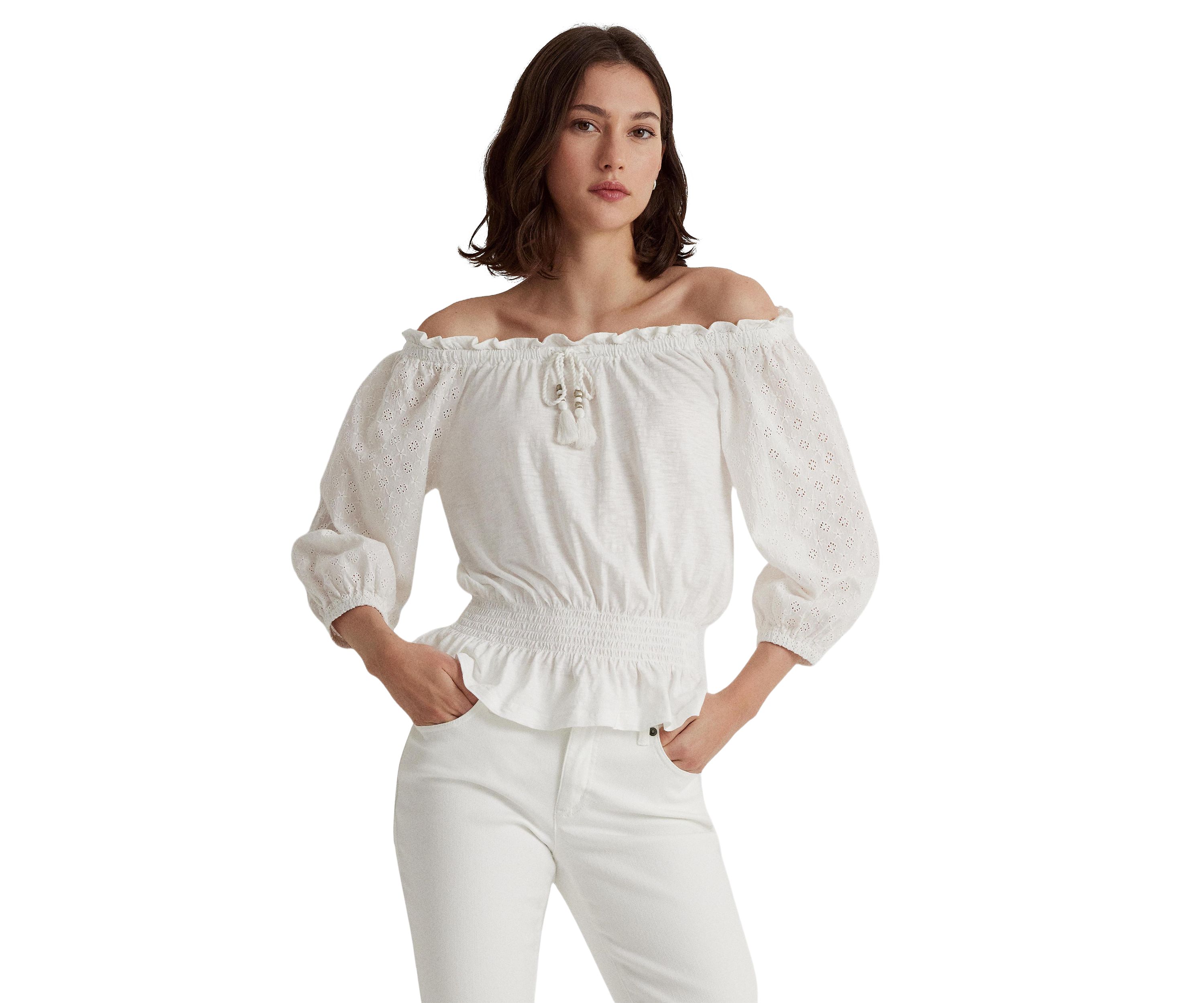 Petite Off the Shoulder Jersey Eyelet Blouse