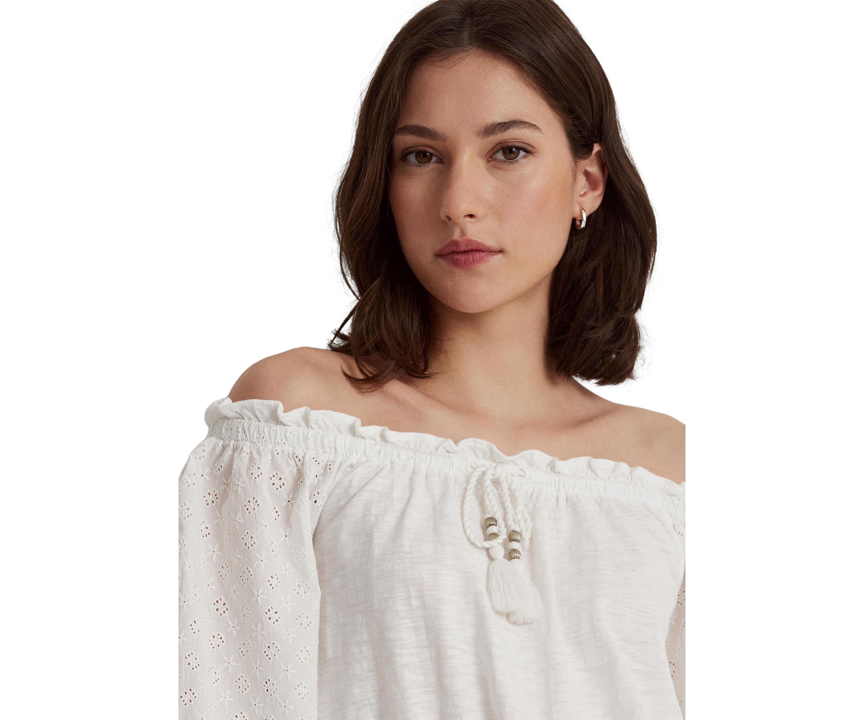 Petite Off the Shoulder Jersey Eyelet Blouse