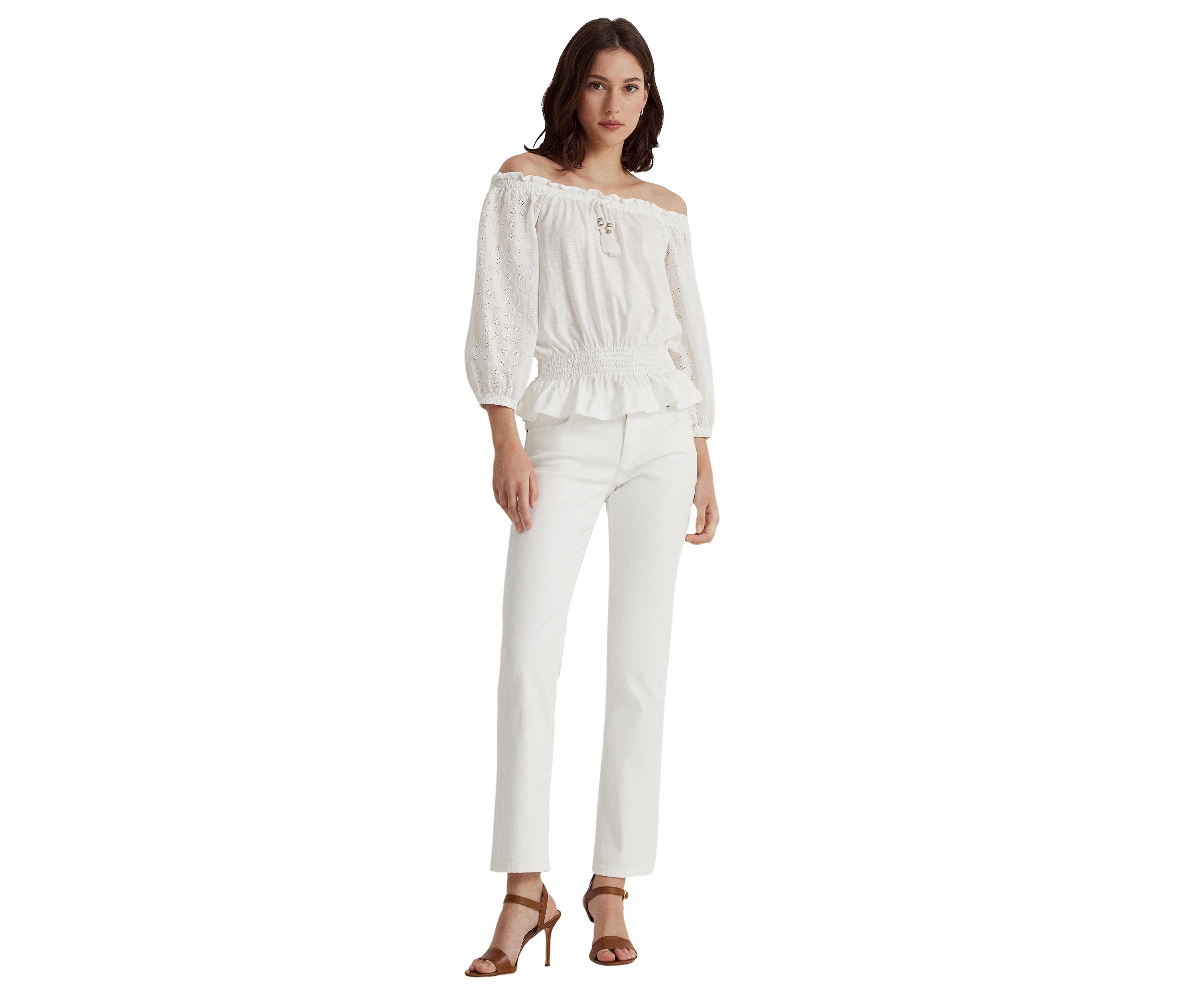 Petite Off the Shoulder Jersey Eyelet Blouse