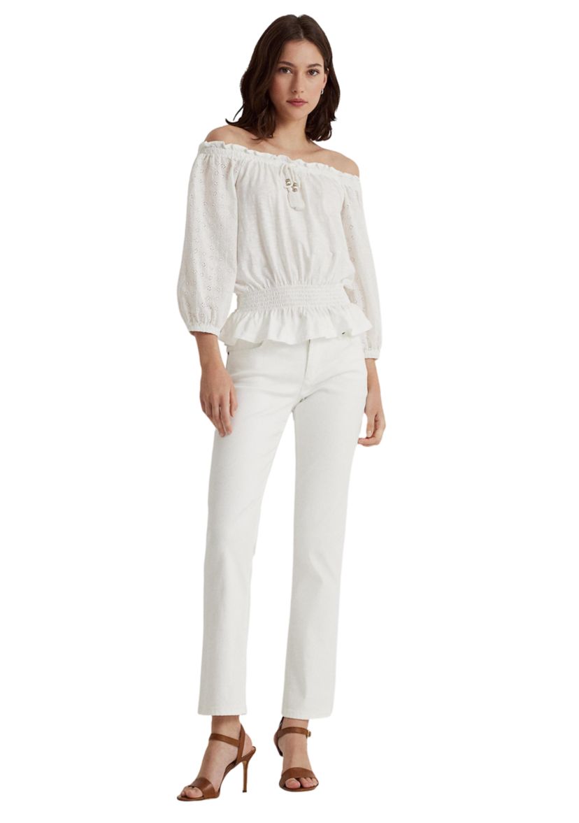 Petite Off the Shoulder Jersey Eyelet Blouse