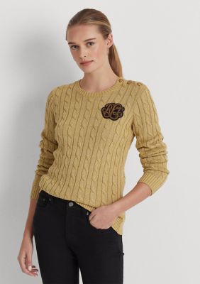 Lauren Ralph Lauren Petite Metallic Button Trim Cable Knit Sweater | belk