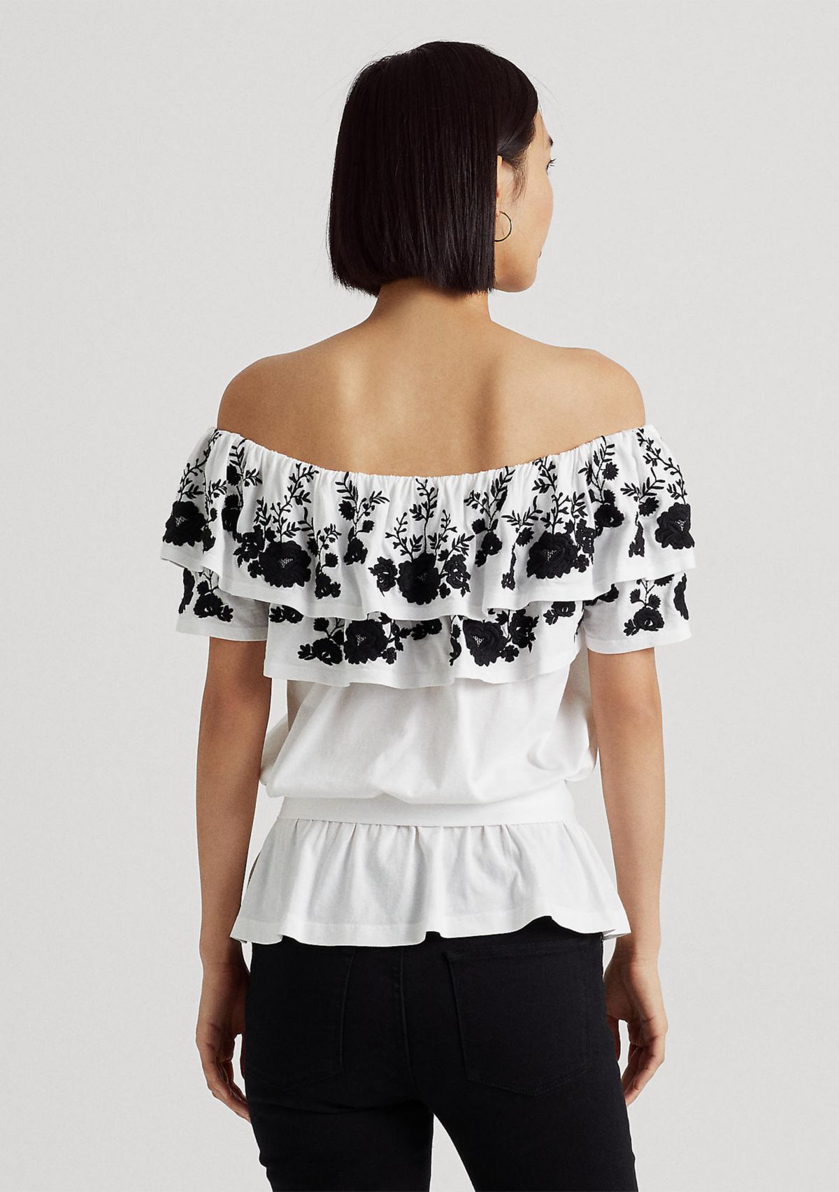 Petite Embroidered Jersey Off the Shoulder Top