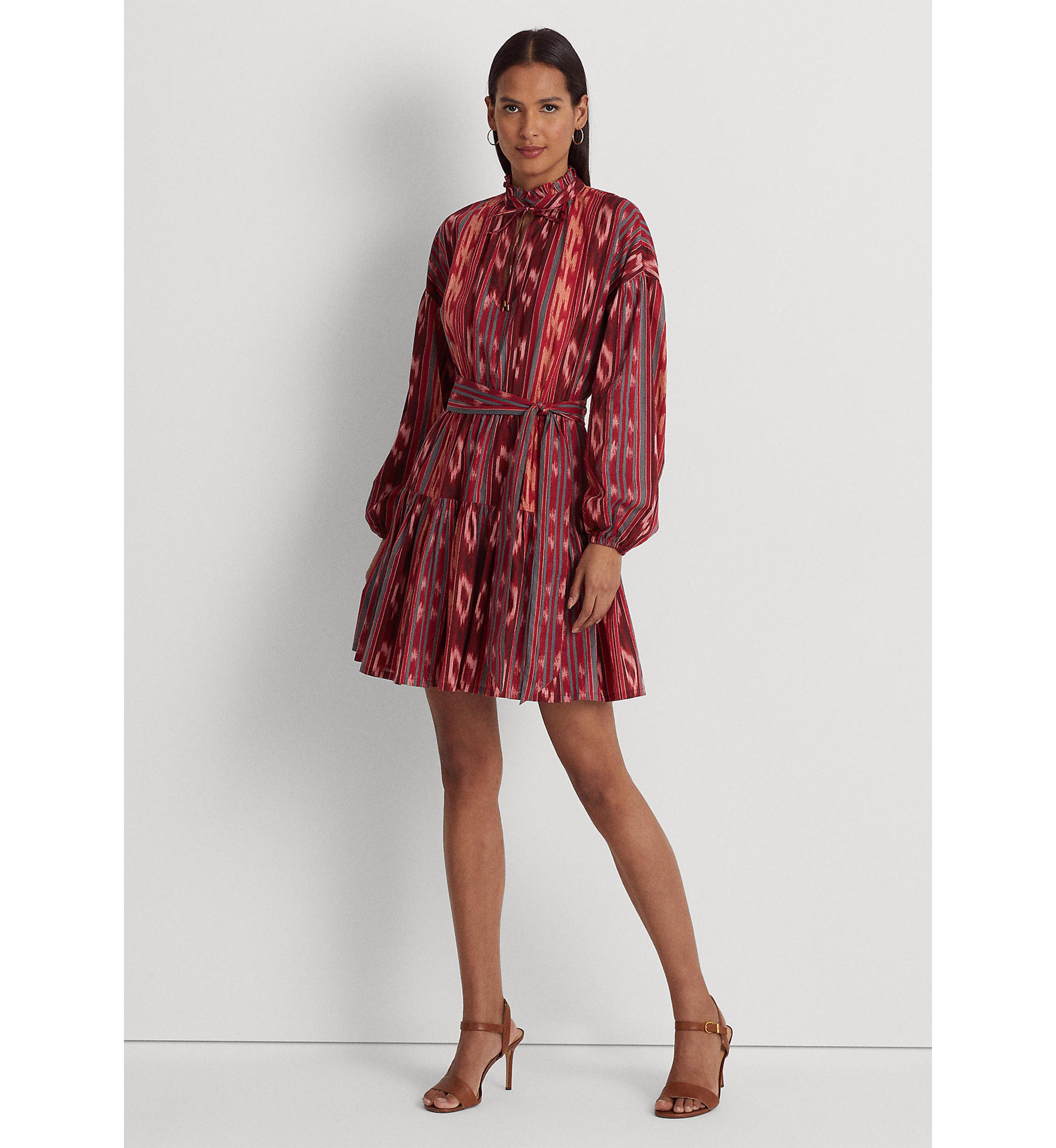 Petite Geo Stripe Belted Cotton Voile Dress