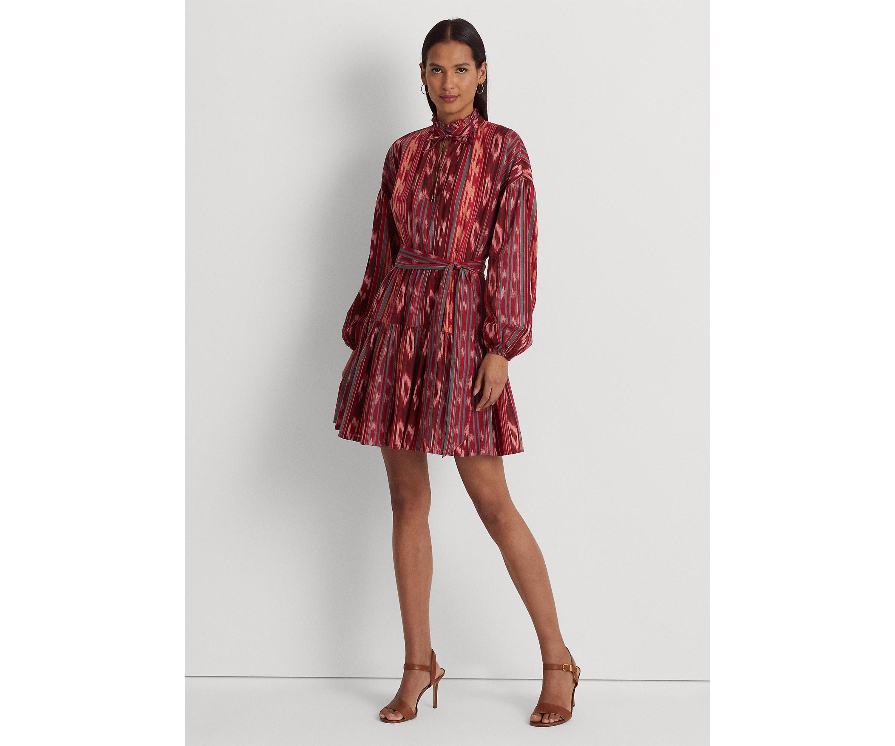 Petite Geo Stripe Belted Cotton Voile Dress