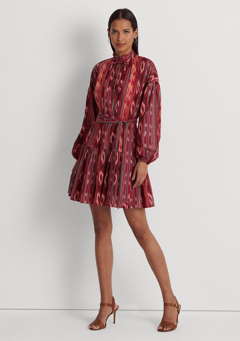 Petite Geo Stripe Belted Cotton Voile Dress