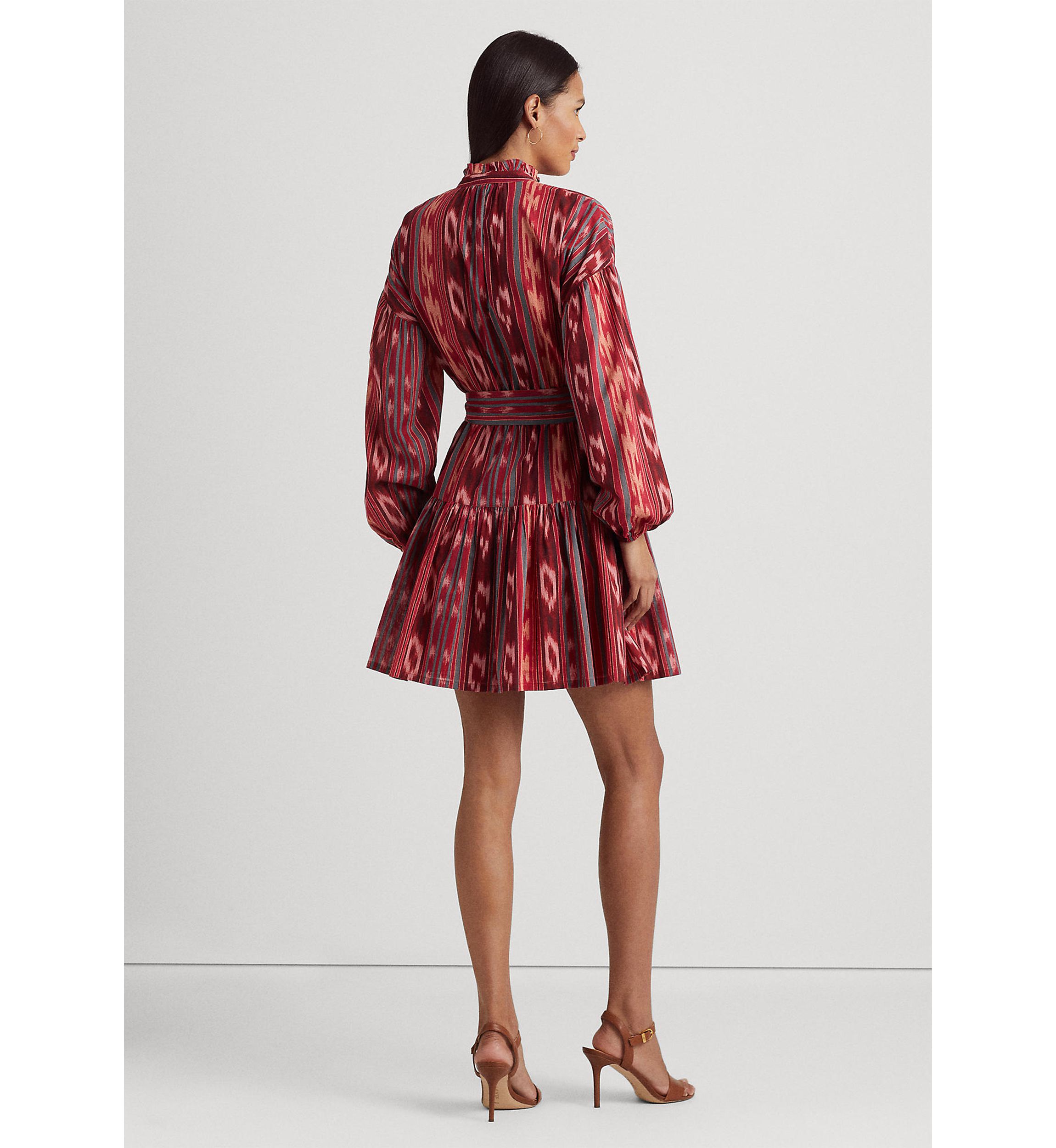 Petite Geo Stripe Belted Cotton Voile Dress