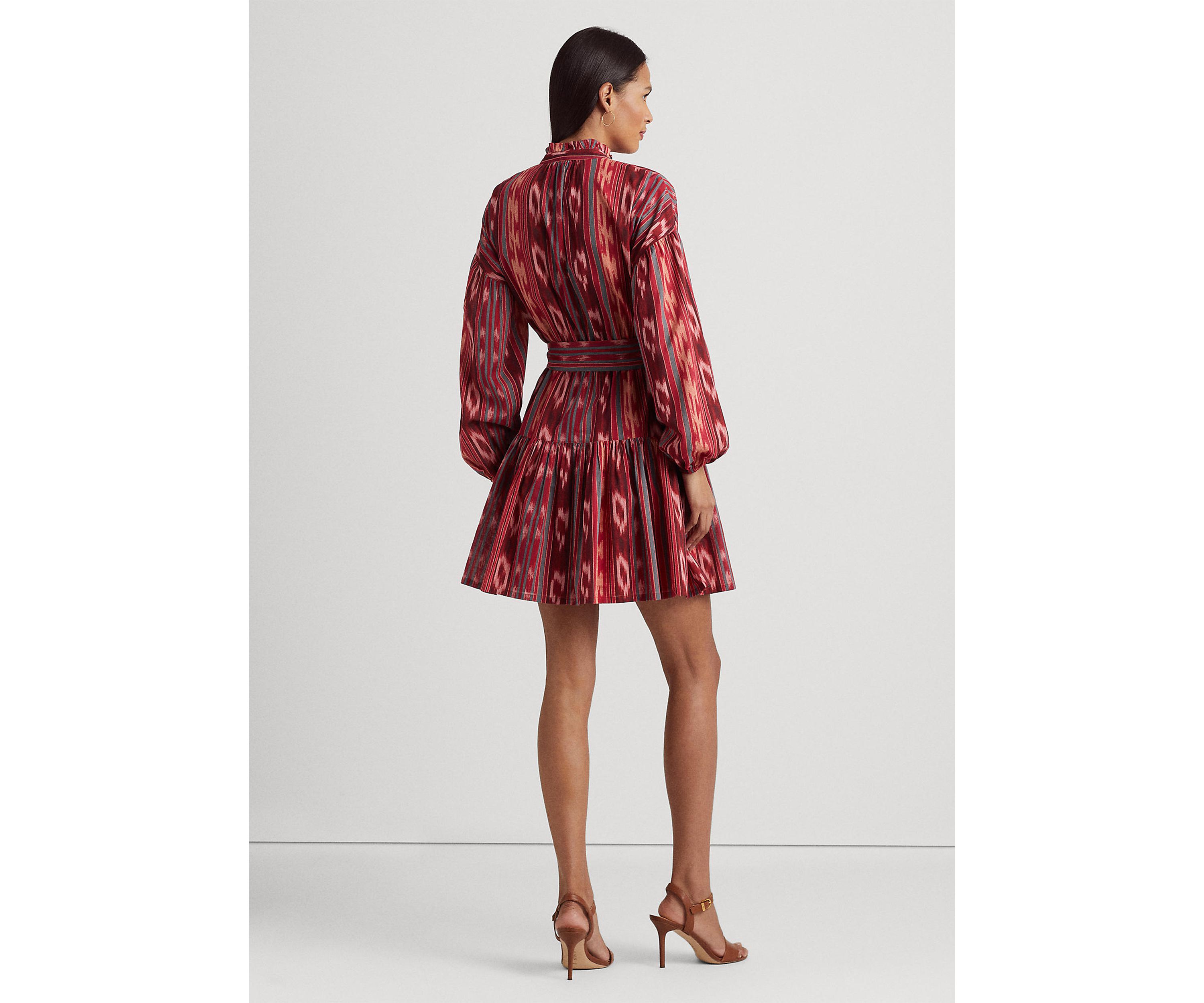 Petite Geo Stripe Belted Cotton Voile Dress