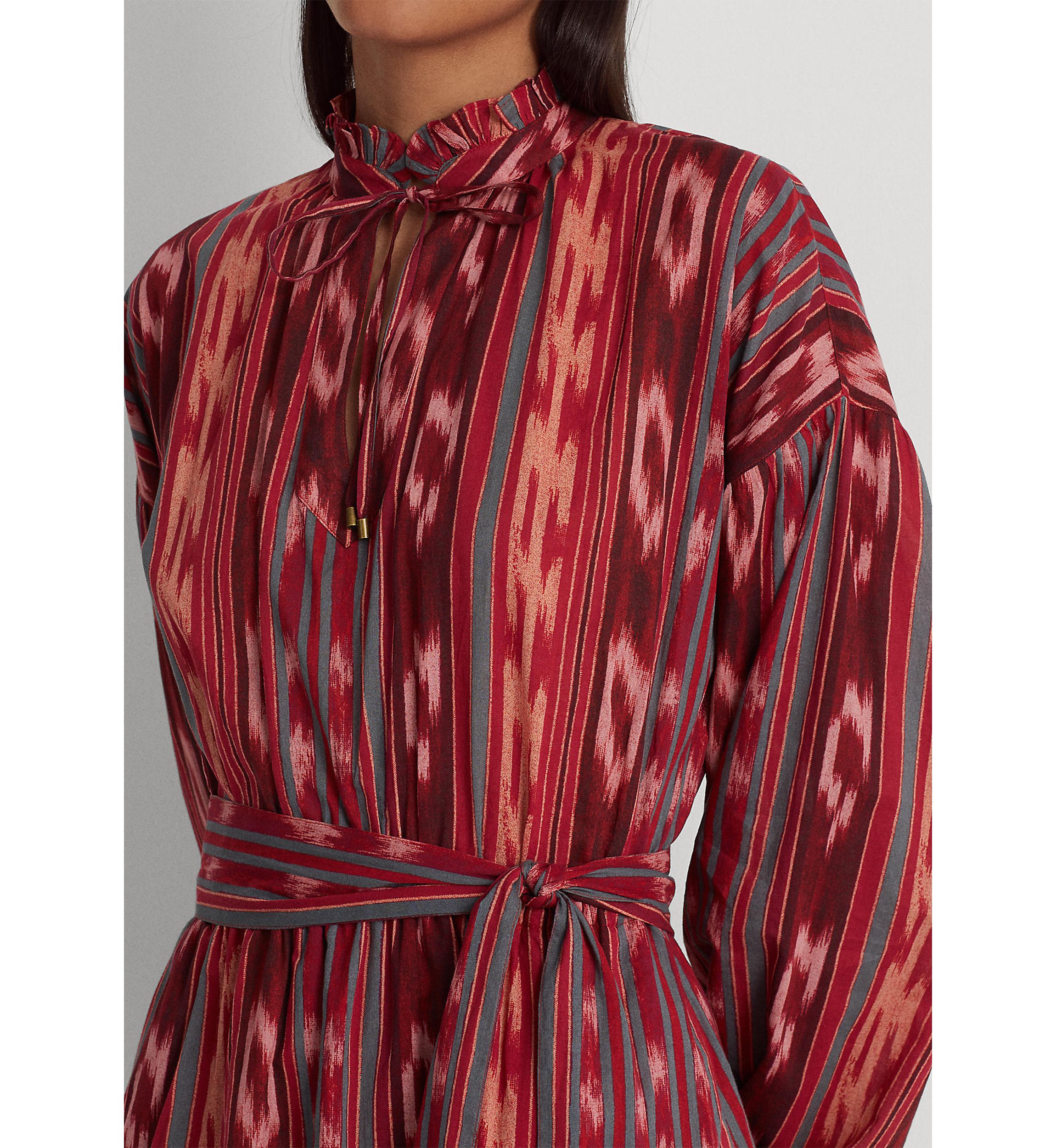 Petite Geo Stripe Belted Cotton Voile Dress