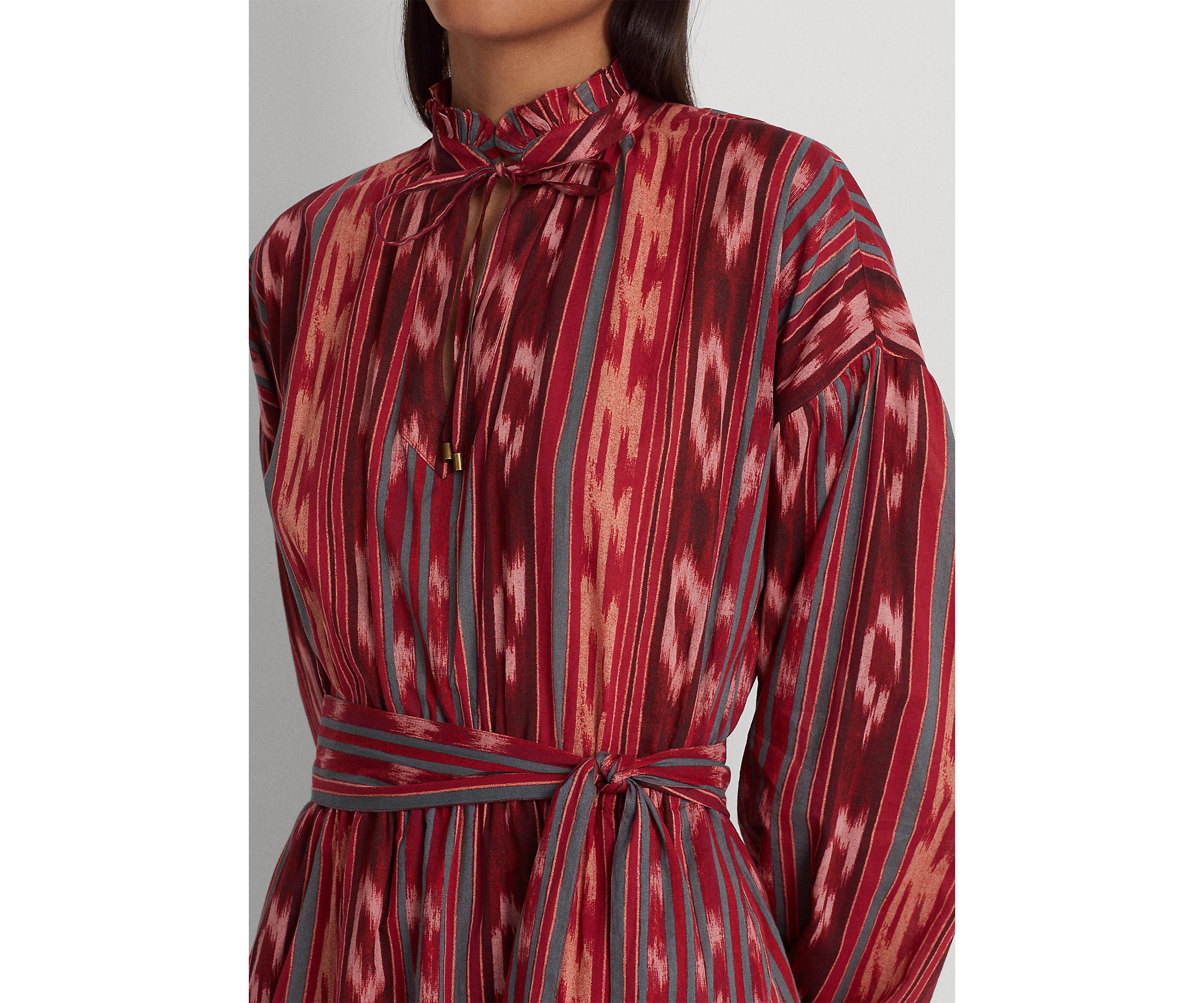 Petite Geo Stripe Belted Cotton Voile Dress