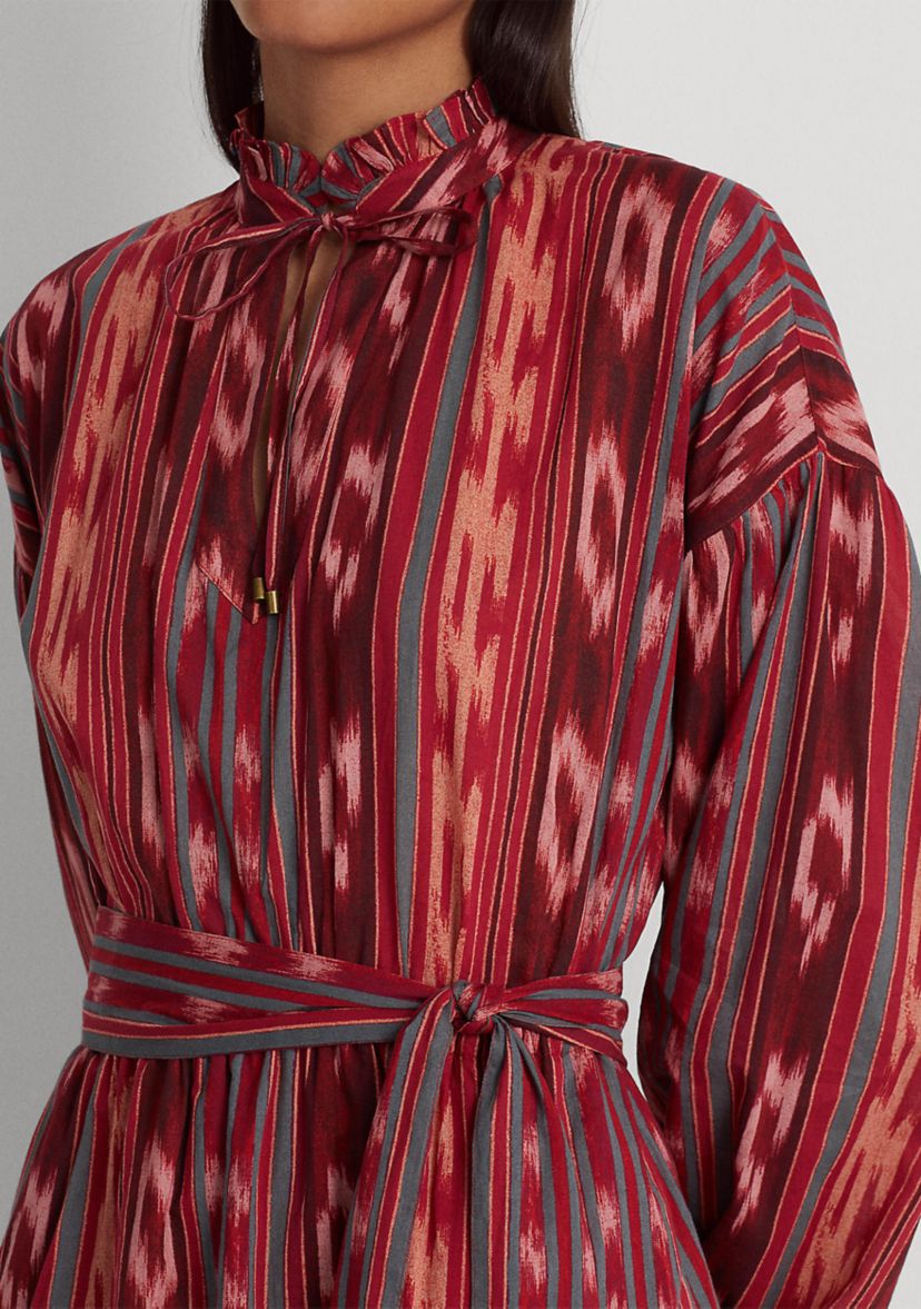 Petite Geo Stripe Belted Cotton Voile Dress