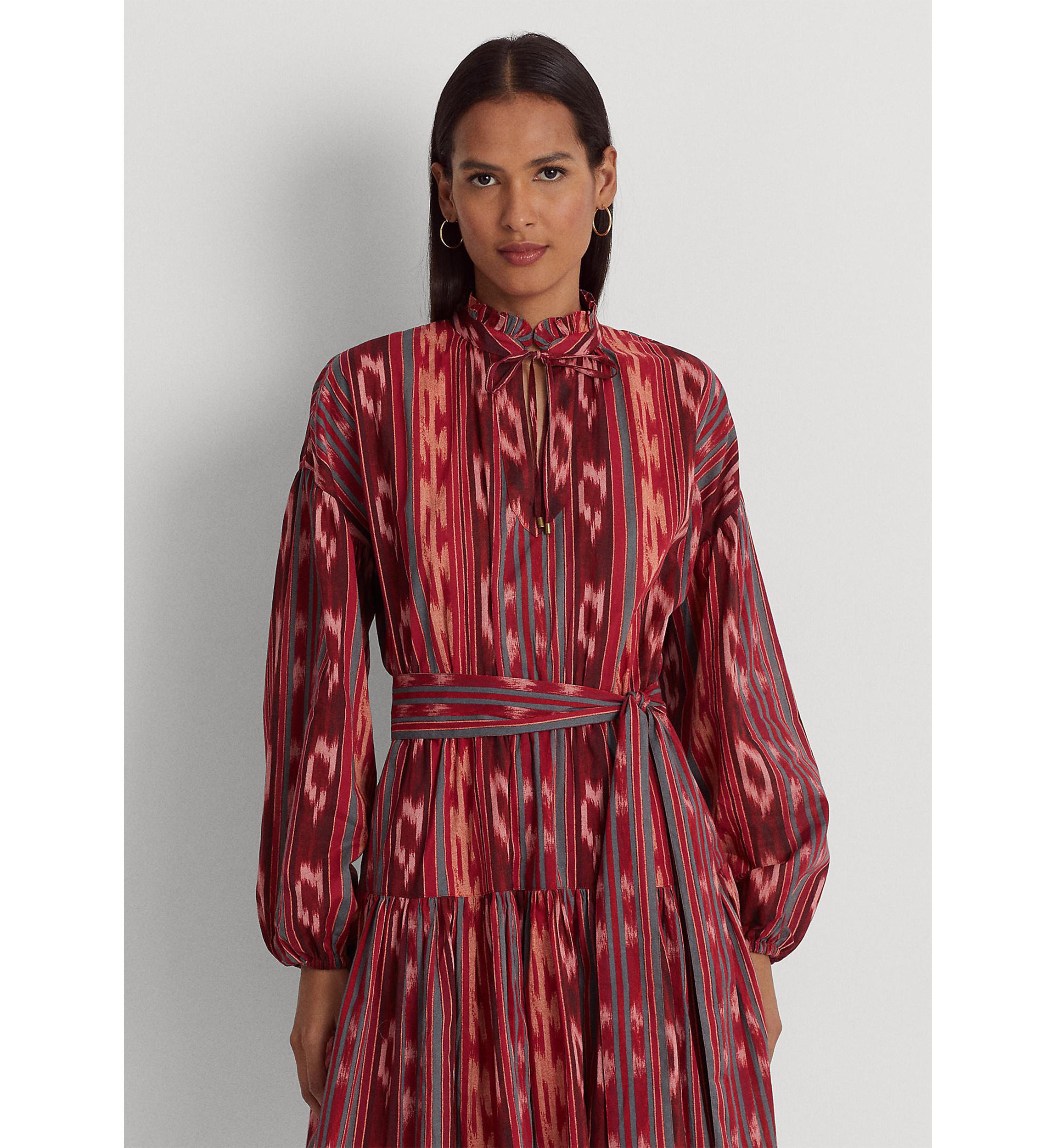 Petite Geo Stripe Belted Cotton Voile Dress