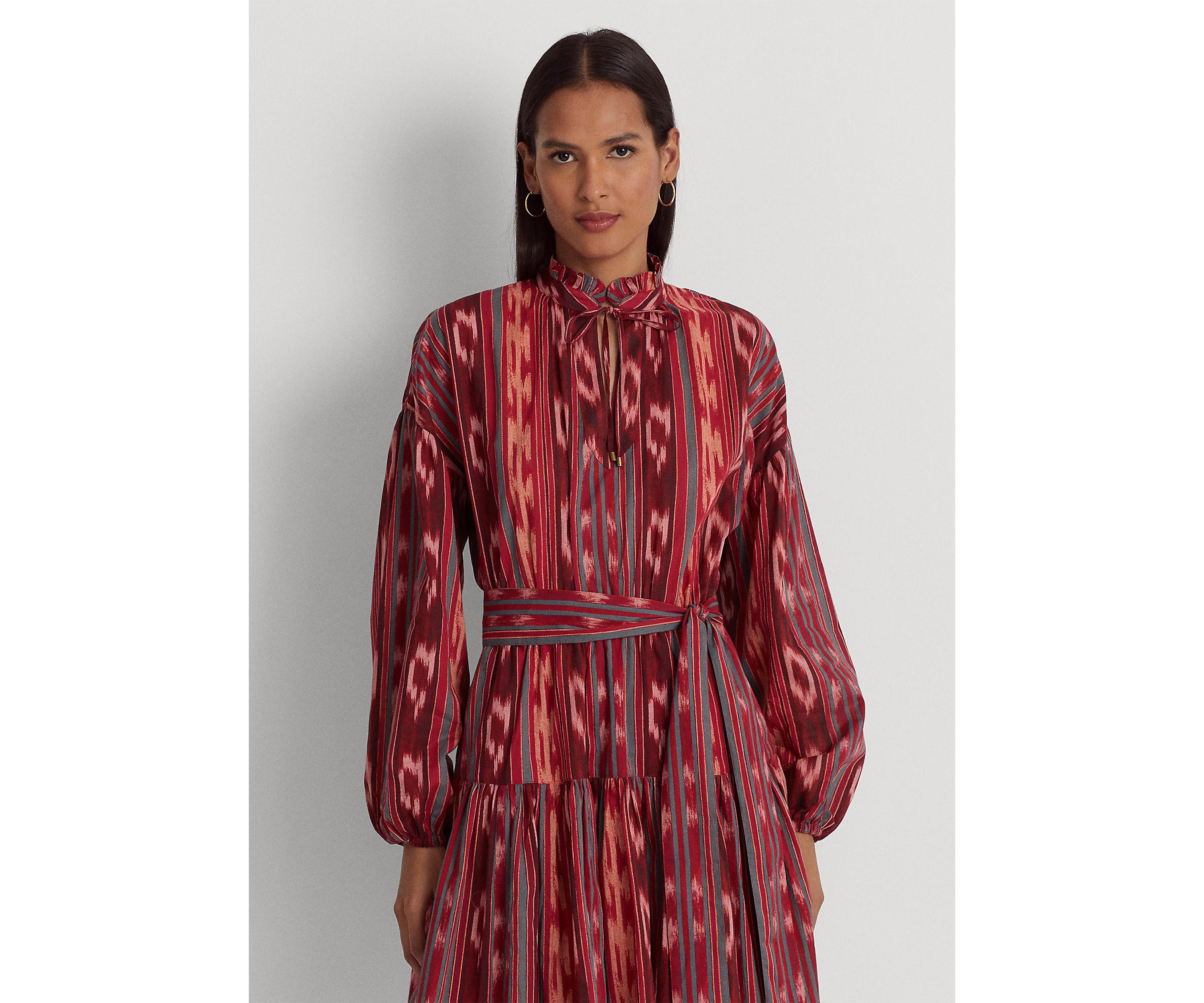 Petite Geo Stripe Belted Cotton Voile Dress