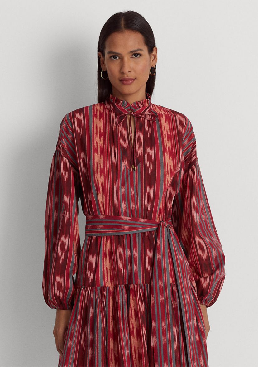 Petite Geo Stripe Belted Cotton Voile Dress
