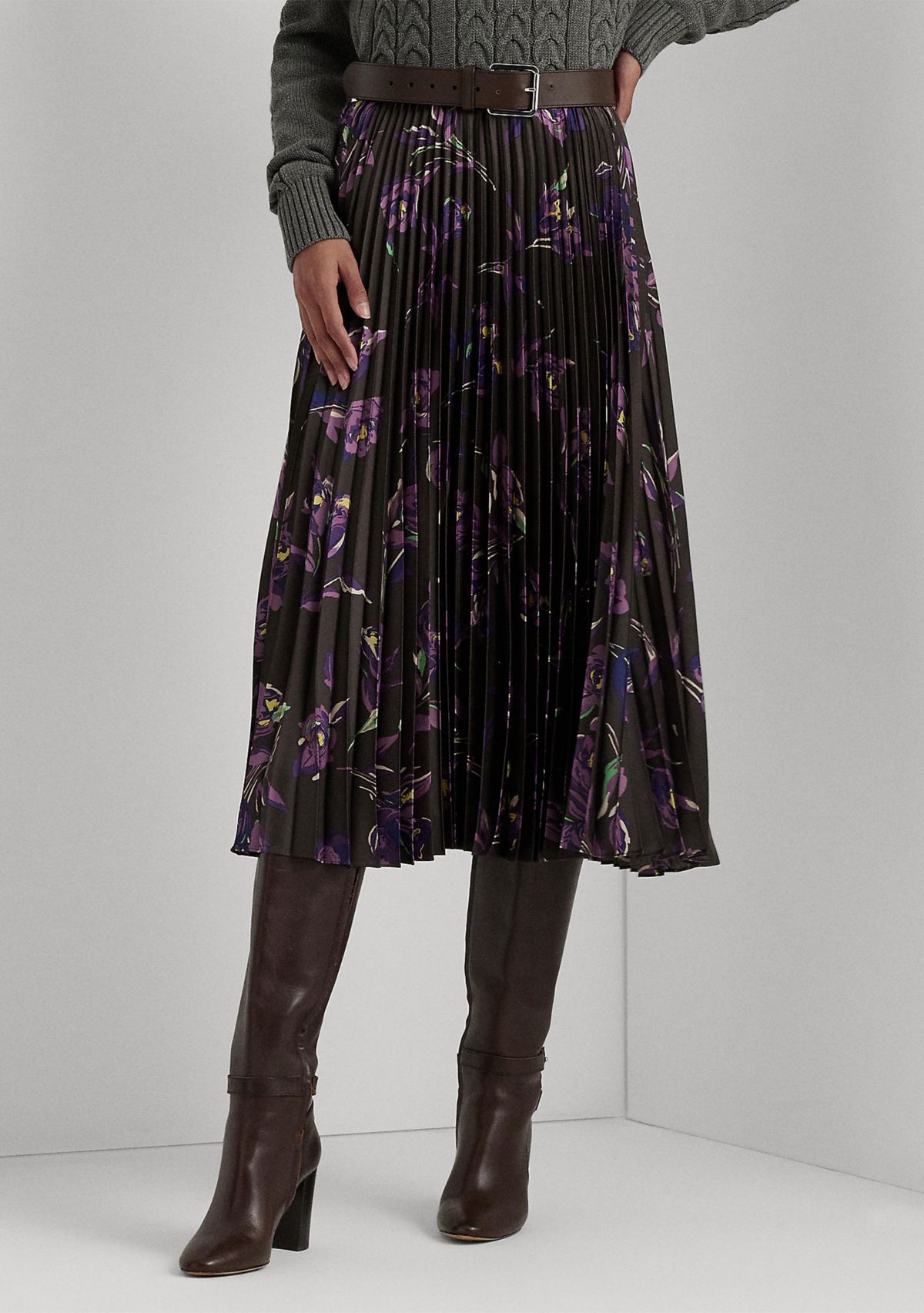 Petite Floral Pleated Satin Charmeuse Skirt