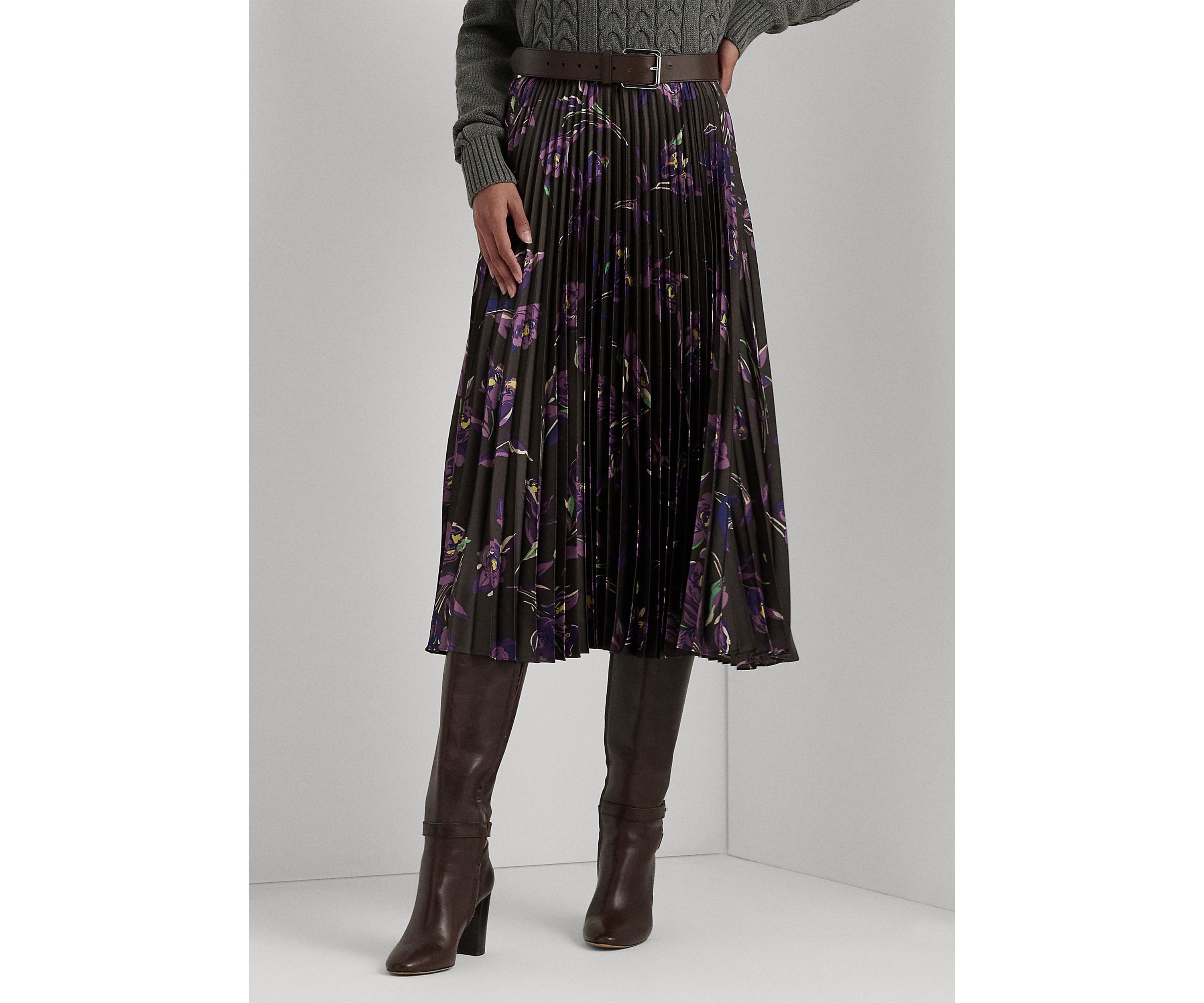 Petite Floral Pleated Satin Charmeuse Skirt