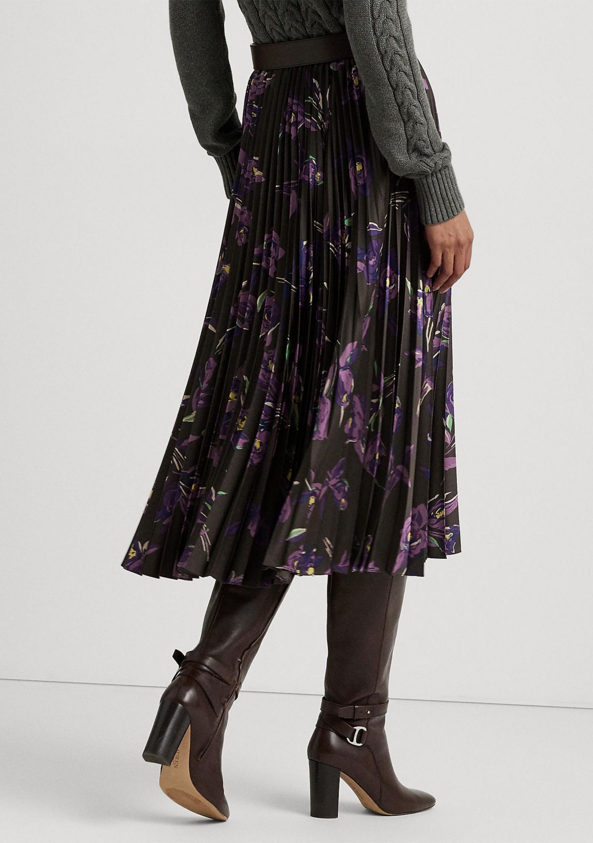 Petite Floral Pleated Satin Charmeuse Skirt
