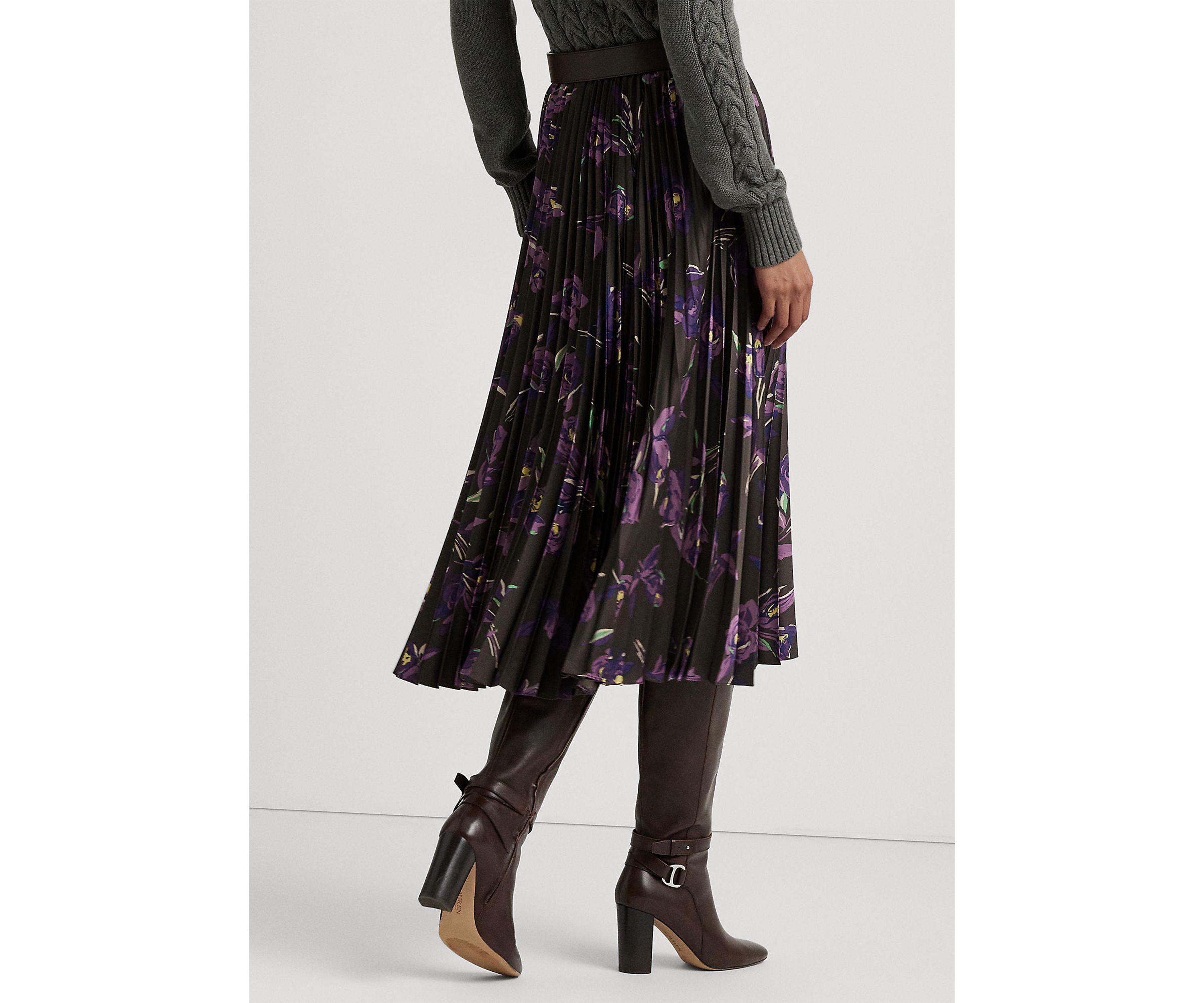 Petite Floral Pleated Satin Charmeuse Skirt