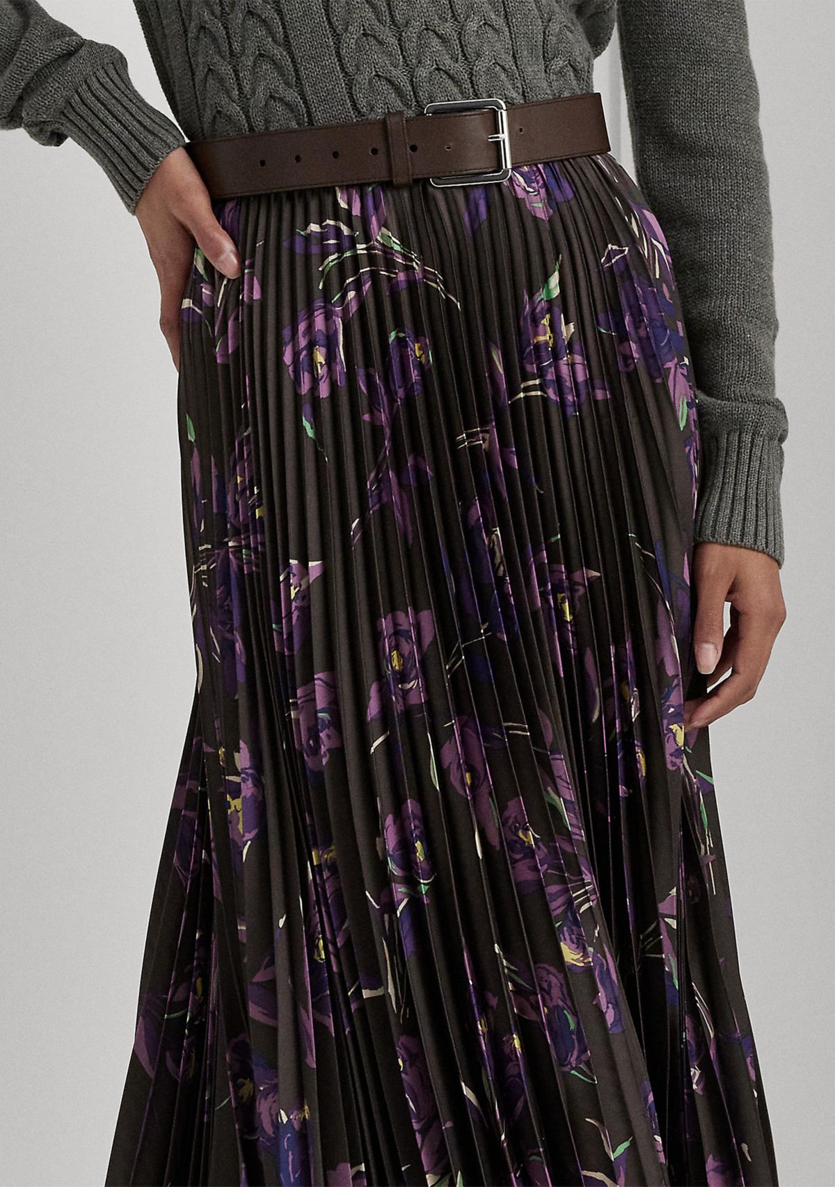 Petite Floral Pleated Satin Charmeuse Skirt