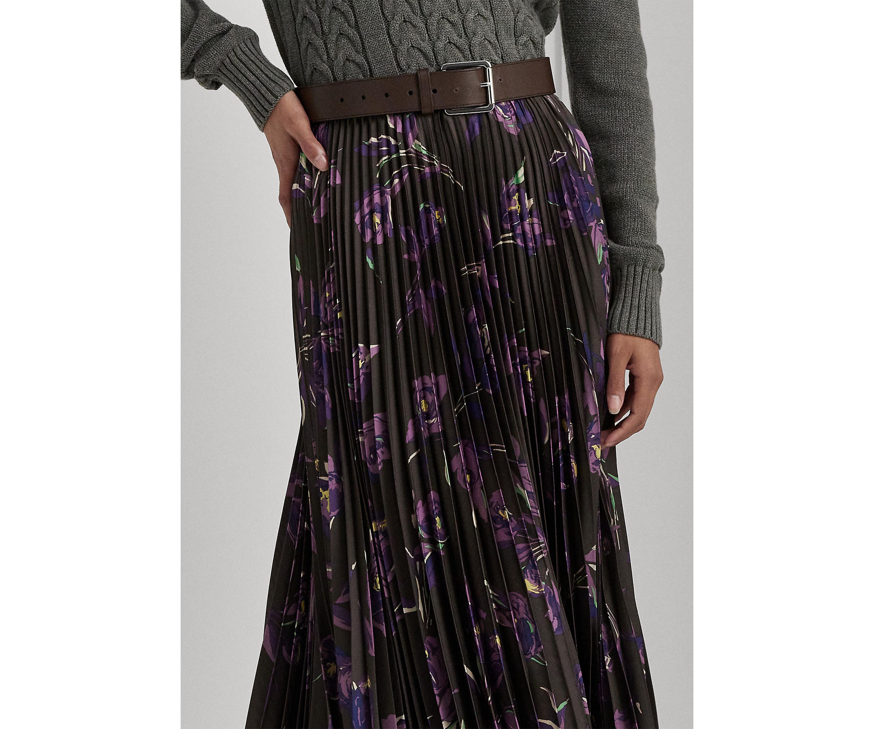 Petite Floral Pleated Satin Charmeuse Skirt