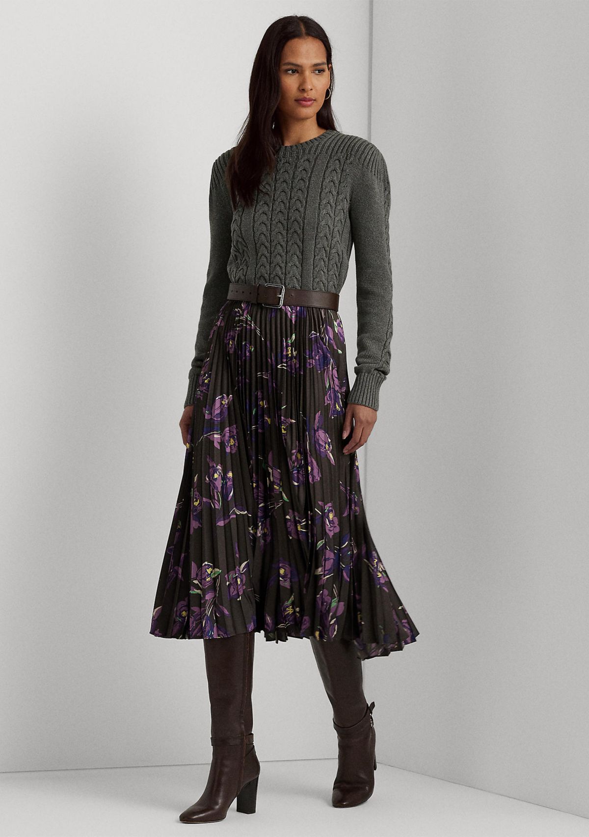 Petite Floral Pleated Satin Charmeuse Skirt