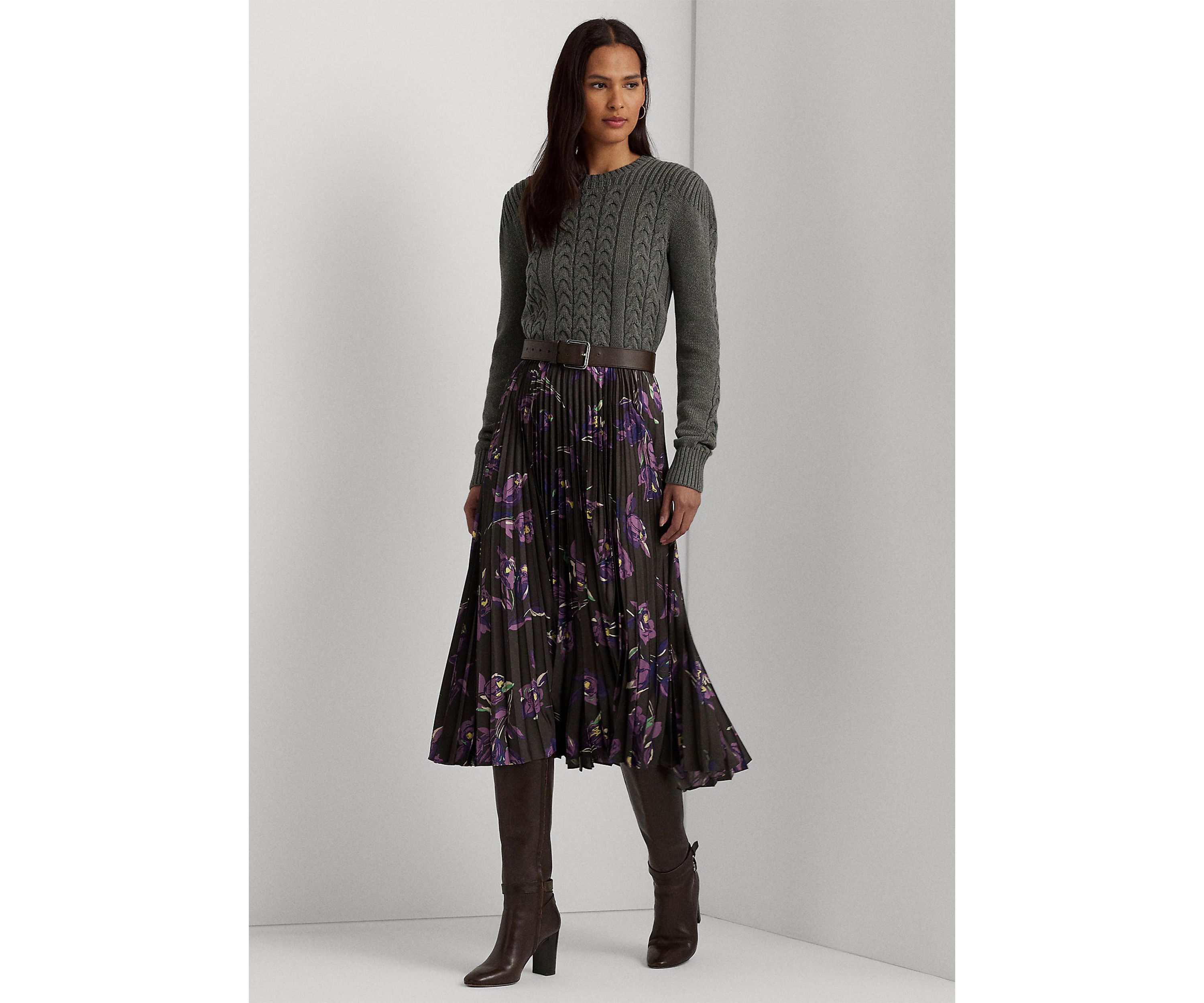 Petite Floral Pleated Satin Charmeuse Skirt