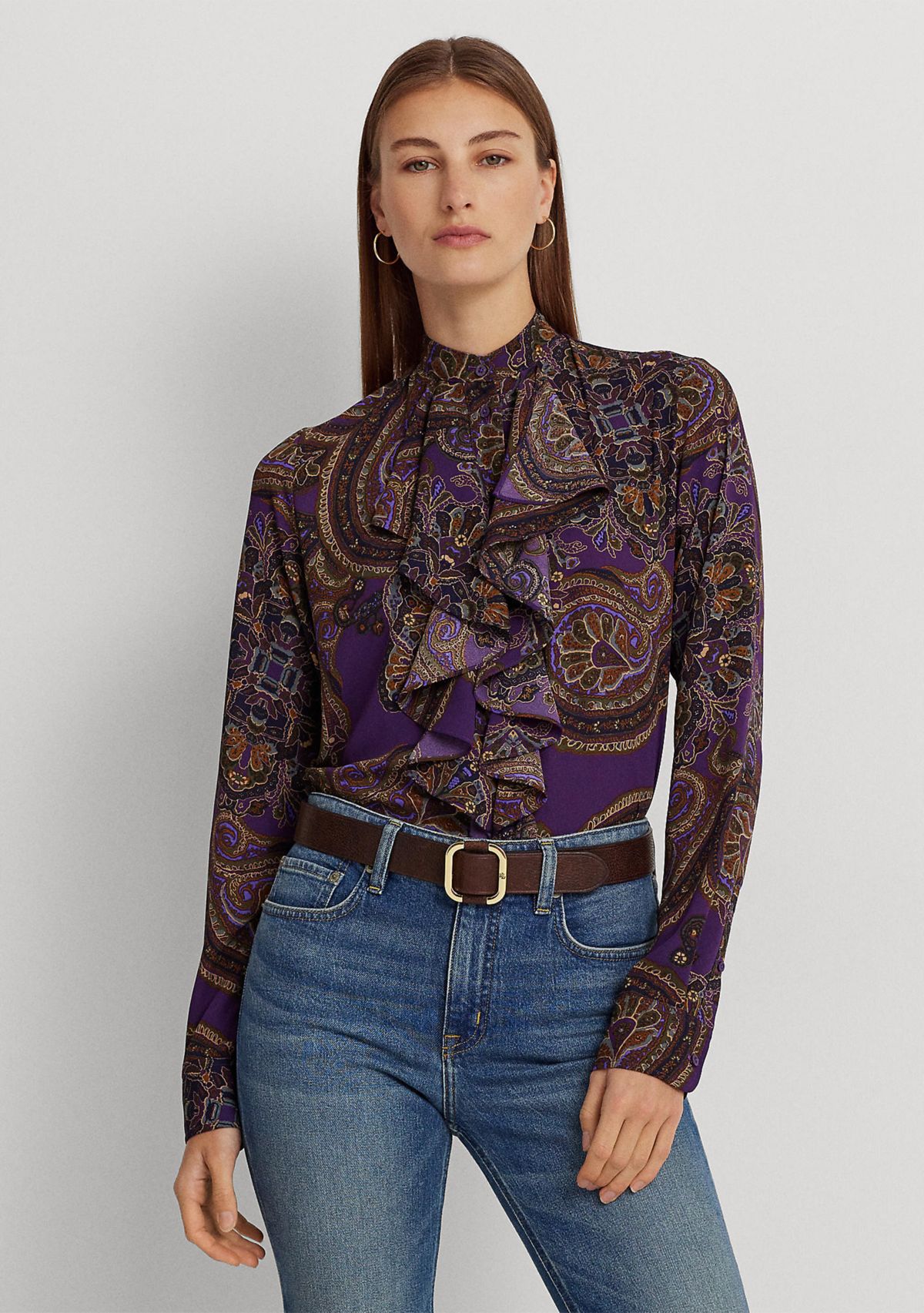 Petite Paisley Ruffle Trim Georgette Shirt
