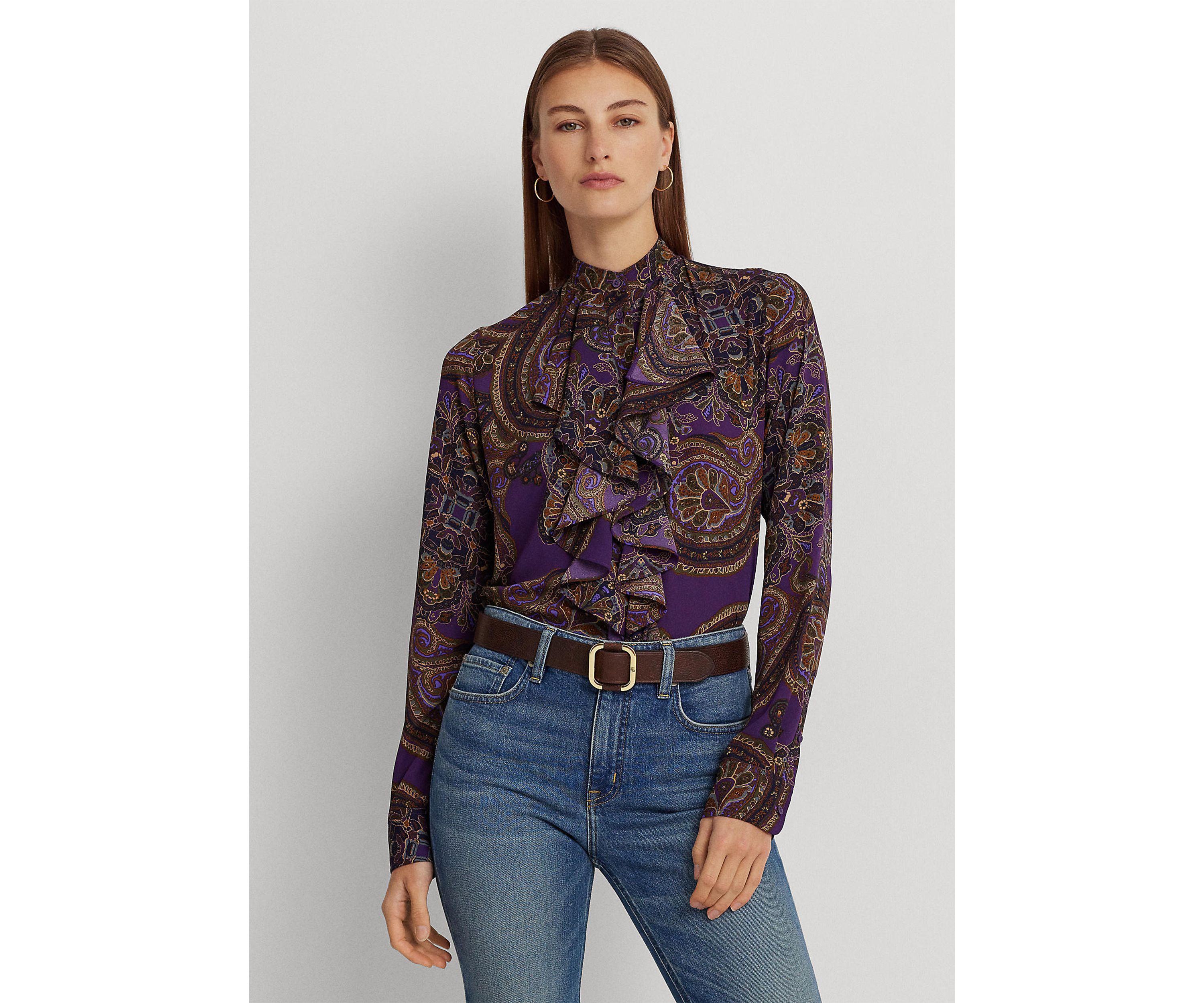 Petite Paisley Ruffle Trim Georgette Shirt